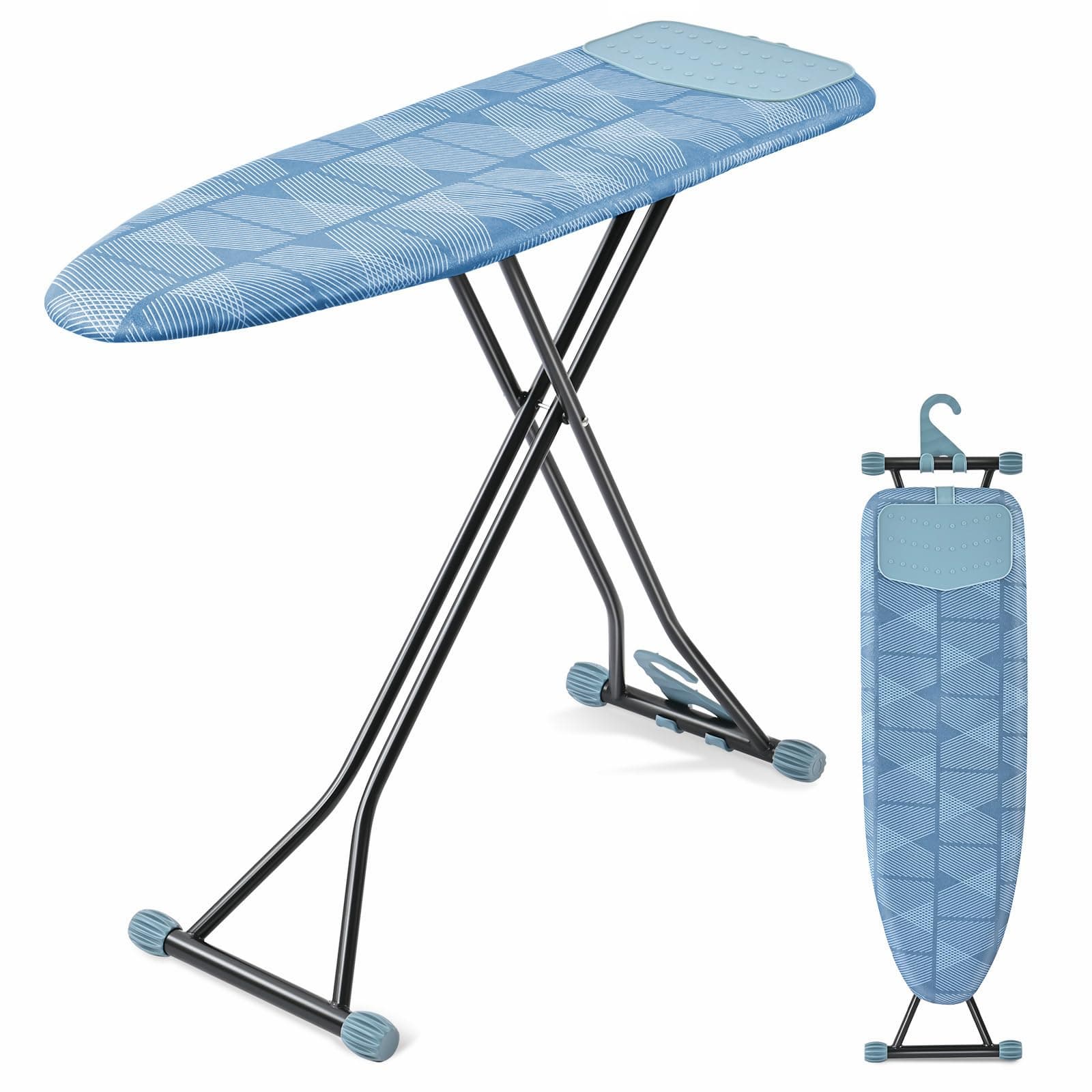 Ironing Board with Iron Rest, Compact and Space Saver Iron Board, Extra Thick Cover, Height Adjustable, Wall Mount & Closet Hanger 13x43 Blue
