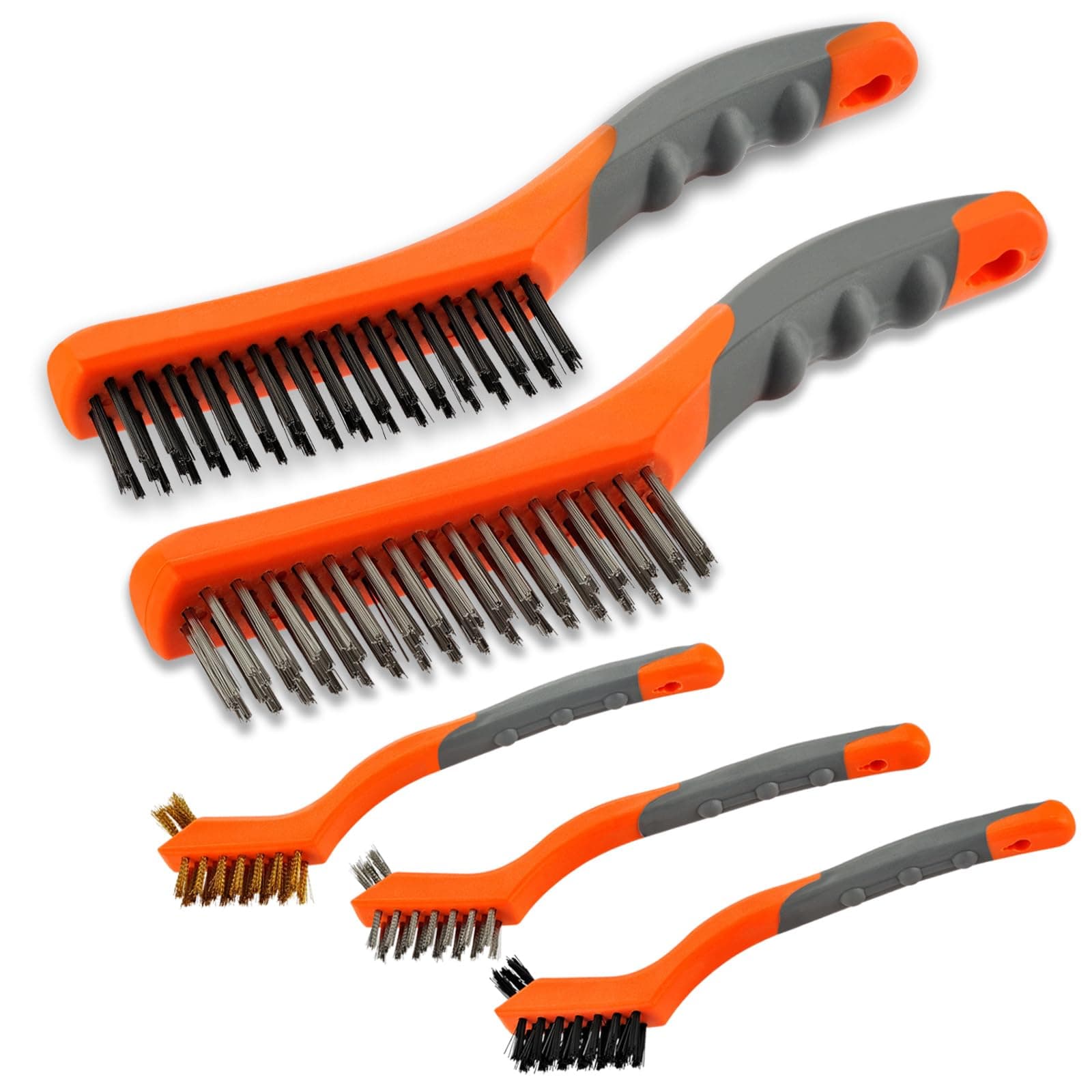 Wire Brush Set 5PCS, Nylon/Brass/Stainless Steel/Carbon Steel Bristles Wire Scratch Brush with Curved Rubber Handle for Cleaning Rust, Corrosion, Dirt, Paint Scrubbing, Deep Detailing Cleaning, Orange