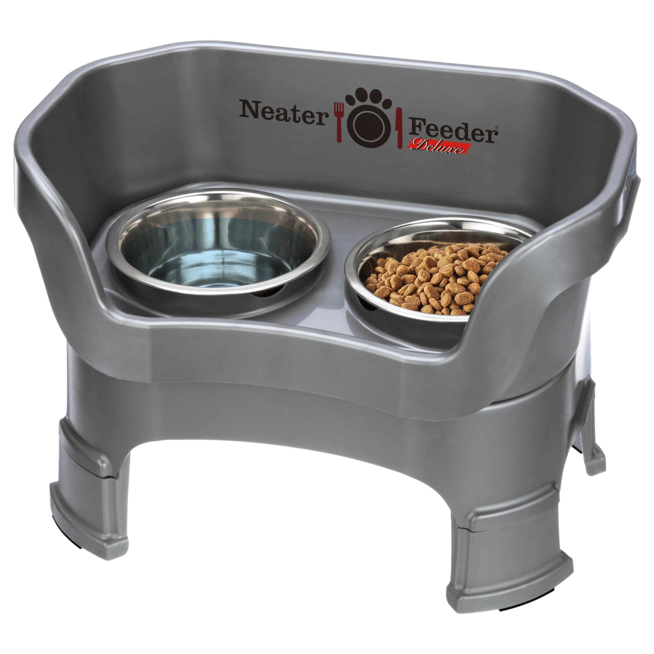 Neater Feeder Deluxe Mess-Proof Elevated Dog Bowls for Medium Dogs (19–40 lbs), 2 Height Adjustable (10” & 12.5”) No-Spill Raised Dog Bowl Stand, Stainless Steel Food Bowl Set, Made in USA, Gunmetal