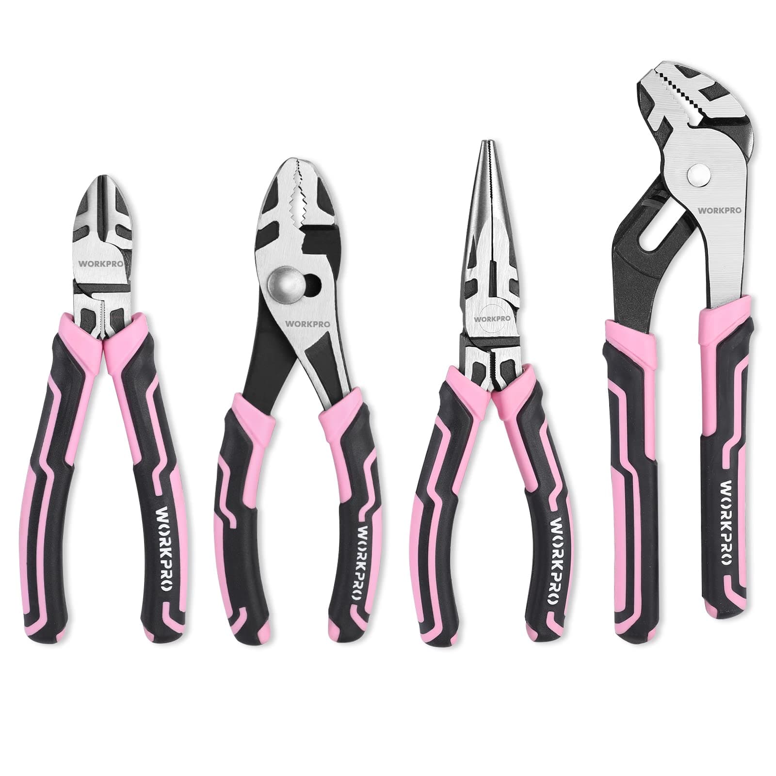 WORKPRO 4-Piece Pliers Set, Premium CR-V Construction Pliers Tool Sets Including Long Nose, Diagonal Cutting, Groove Joint and Slip Joint Pliers - Pink Ribbon