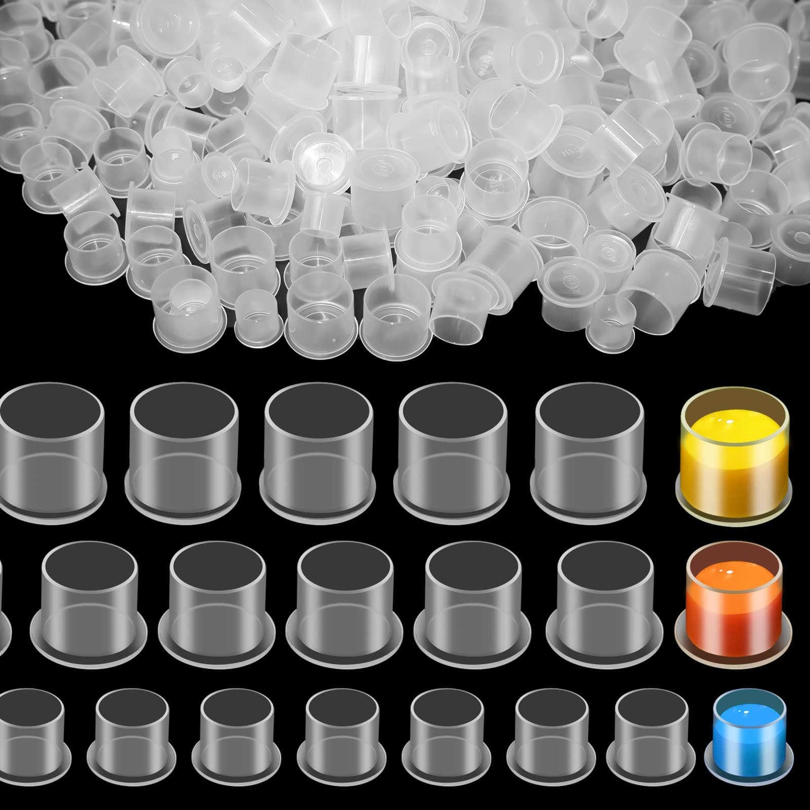 SKYVANTattoo Ink Caps with Base 300pcs 3 Size Disposable Plastic Container Cup for Makeup Pigment Tattoo Supplies Tattoo Accessory