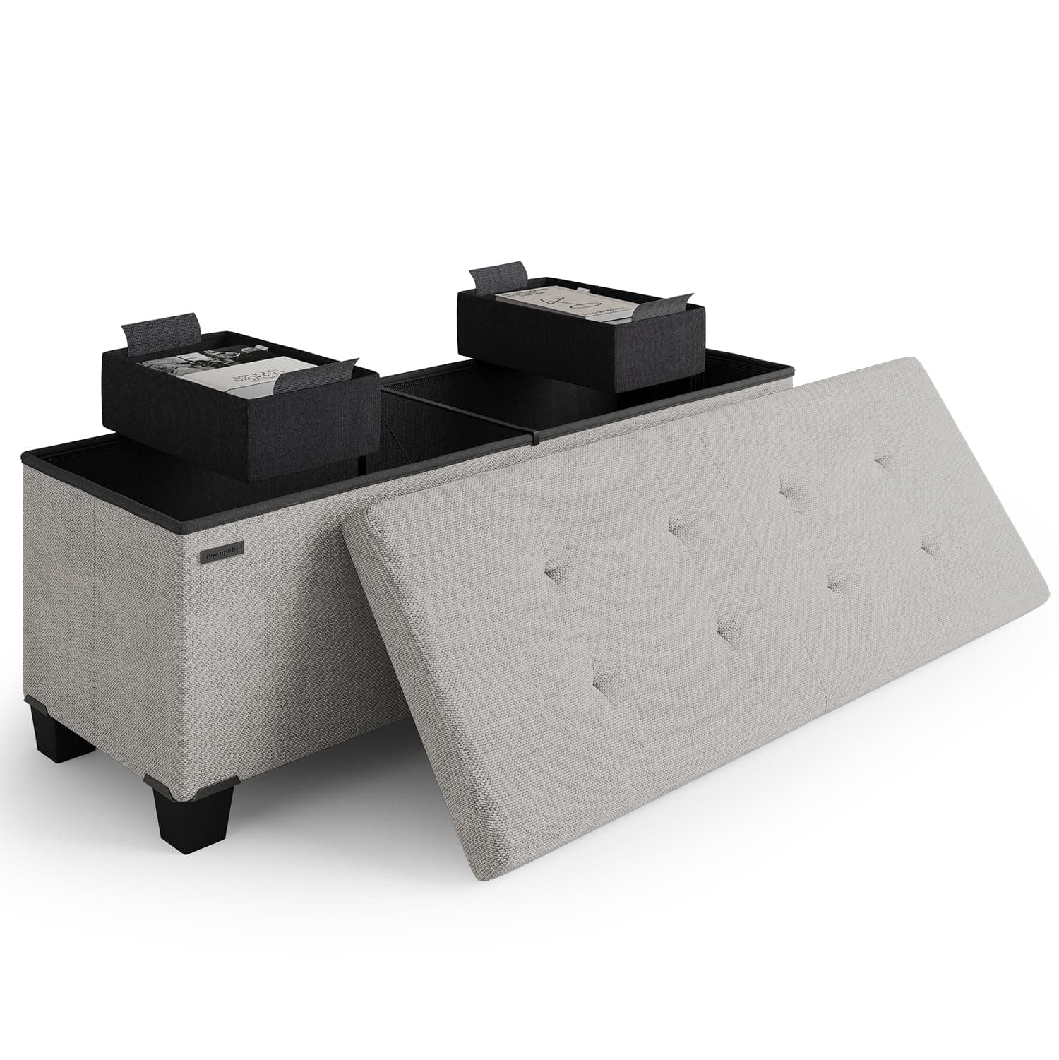 Storage Ottoman Bench with Bins, 43-in Storage Bench for Bedroom End of Bed, Folding Foot Rest Ottoman for Living Room Max 660lbs, Fabric Ottomans, Light Grey