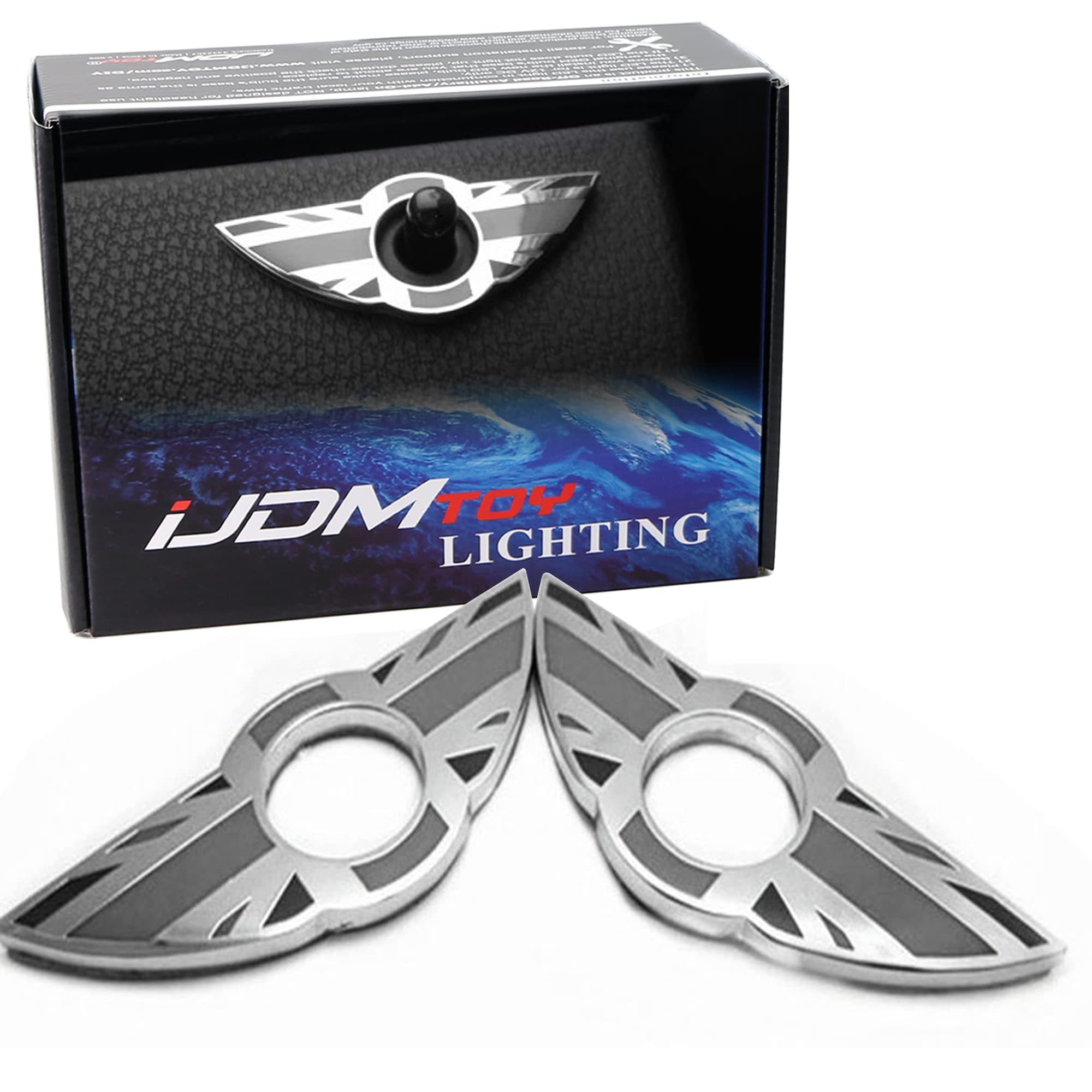 iJDMTOY (2) Union Jack Style Wing Emblem Rings Compatible with MINI Cooper R55 R56 R57 R58 R59 Door Lock Knobs, Black/Grey UK Flag Design (Does not fit R60 R61 nor F55 F56 Models)