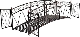 kinbor Metal Garden Bridge - 8 Ft Garden Arch Bridges for Outdoors with Safety Side Rails ＆ Gate, Fenced Pond Bridge for Outdoor, Footbridge Garden Bridges for Backyard, Creek, Farm, Garden, Patio