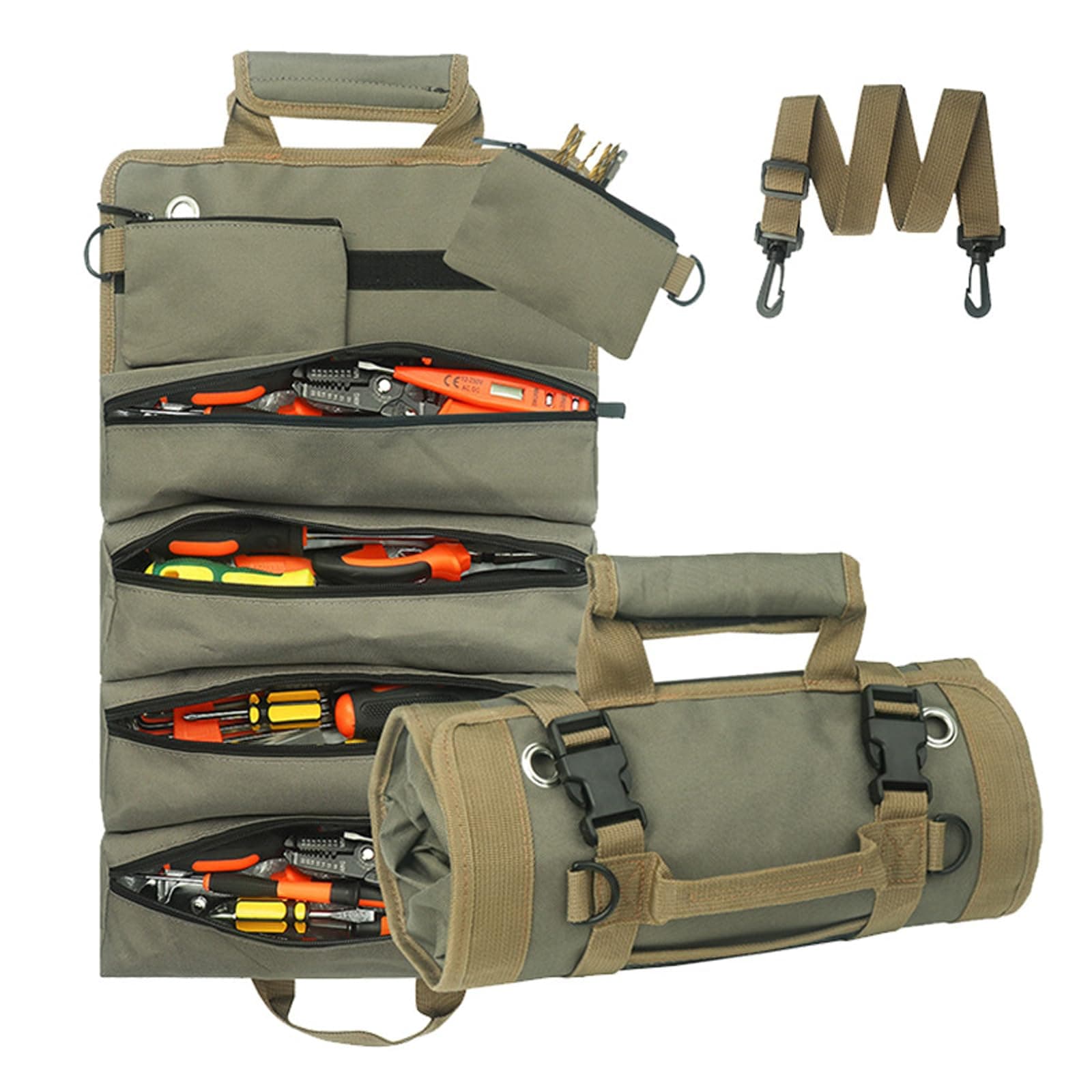 Tool Bag Roll Up - Heavy Duty Tool Organizer for Men - Portable Tool Storage with 2 Detachable Zipper Pouches - Great Gifts for Dad and Men