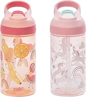 Zak Designs Atlantic Kids Water Bottle For School or Travel, 16oz Durable Plastic Water Bottle With Straw, Handle, and Leak-Proof, Pop-Up Spout Cover, 2-Pack (Fanciful Unicorn and Happy Fruit)
