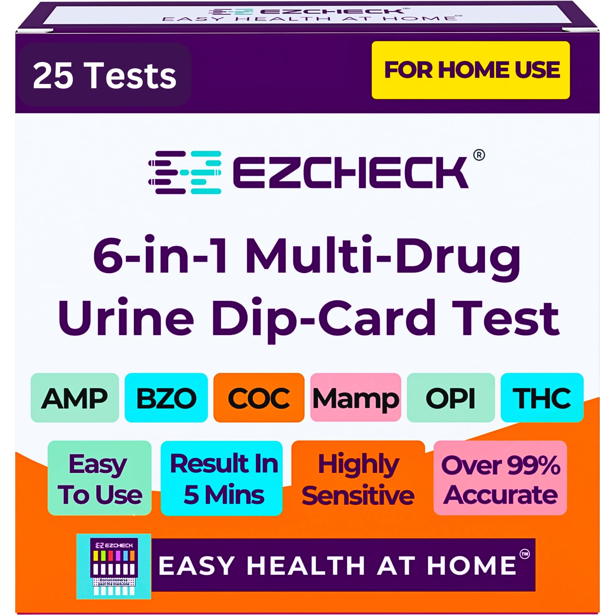[25 Pack] EZCHECK® 6-Panel Drug Test - at-Home Rapid Urine Screening Kit for 6 Most Used Drugs: (THC-Marijuana, BZO-Benzos, MET-Meth, OPI/MOP-Opiates, AMP-Amphetamine, COC)