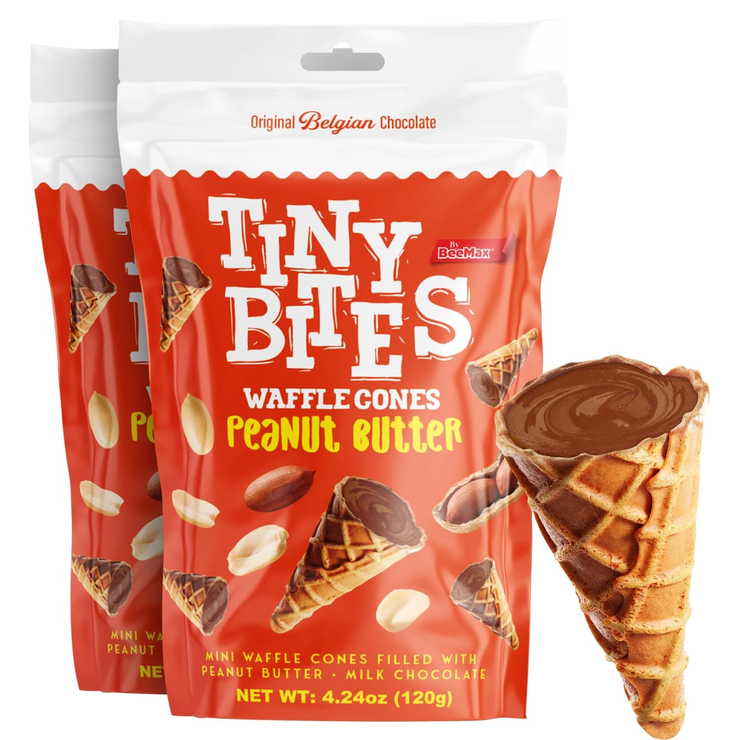 BEEMAX Tiny Bites Peanut Butter Mini Waffle Cones, Crispy Filled with Belgian Chocolate, Bite-Sized Snacks for Parties, Lunchboxes & Dessert Boards, 4.24 oz Bag, 2-Pack