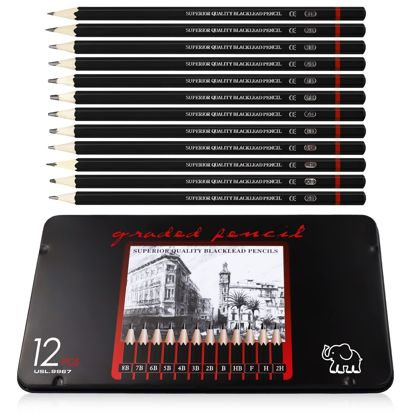 LAMXD 12 Pcs Drawing Pencils 8B, 7B, 6B, 5B, 4B, 3B, 2B, B, HB, F, H, 2H, Sketching Pencils with Graphite Lead
