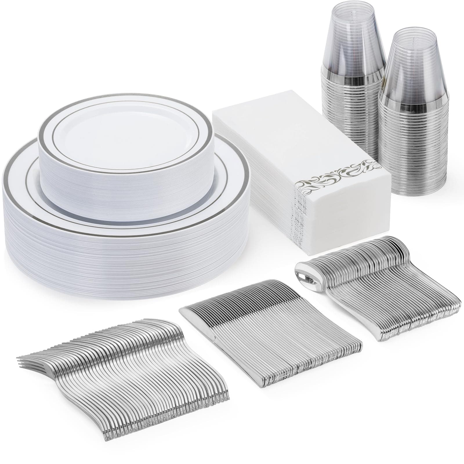 175 Pieces Silver Dinnerware Set for 25 Guests, Plastic Plates Disposable for Party, Include: 25 Silver Dinner Plates, 25 Dessert Plates, 25 Paper Napkins, 25 Cups, 25 Silverware Set