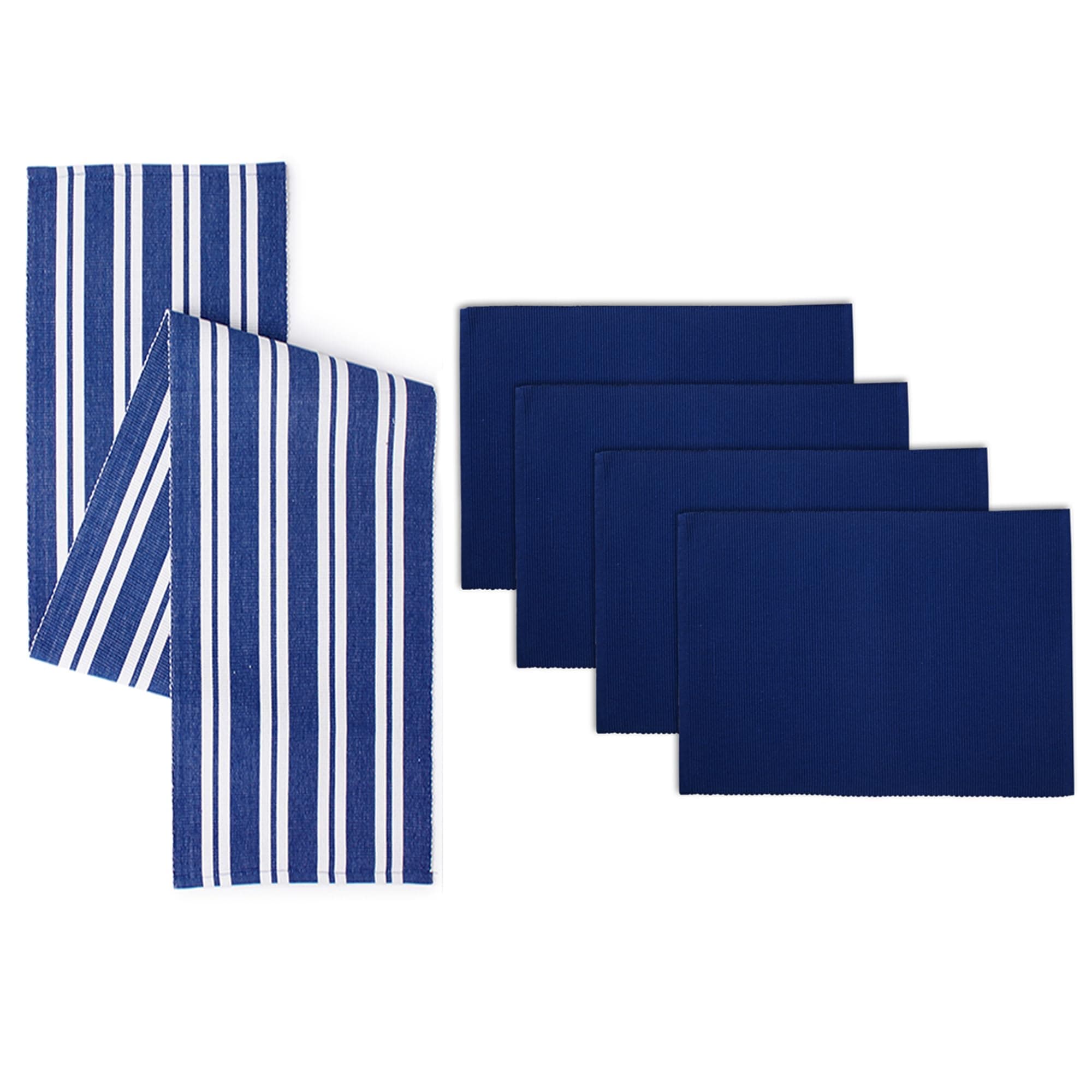 Encasa Dining Set (4 Placemats + 1 Table Runner) | Franca Blue | Ribbed Cotton | Over 20 Modern Colors & Woven Designs, Machine Washable
