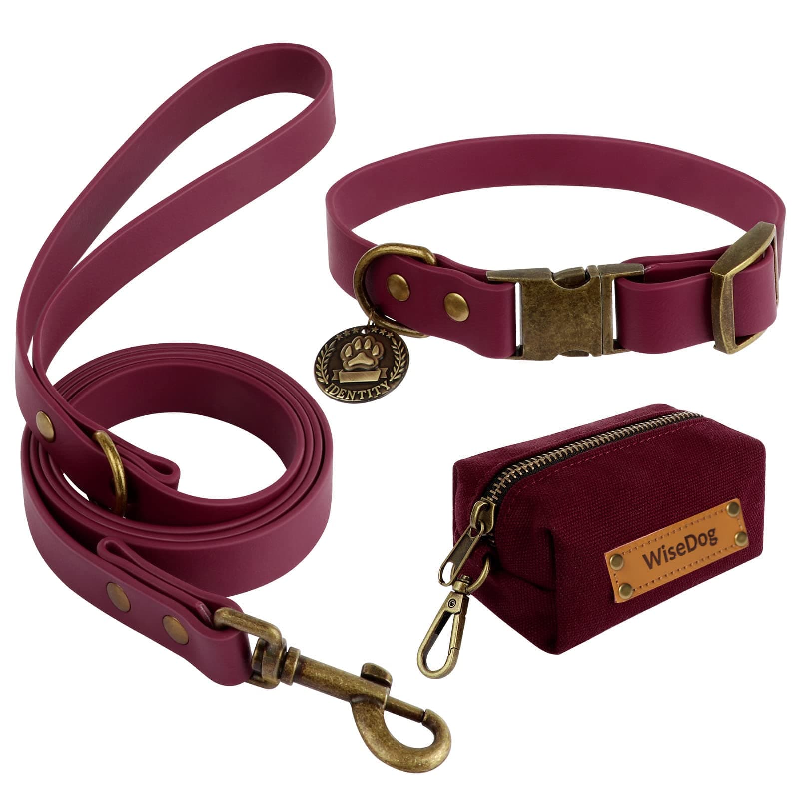 Wisedog Dog Collar and Leash Set Combo: Adjustable Durable Pet Collars with Dog Leashes for Small Medium Large Dogs,Includes One Bonus of Poop Bag Holder (S, Burgundy)