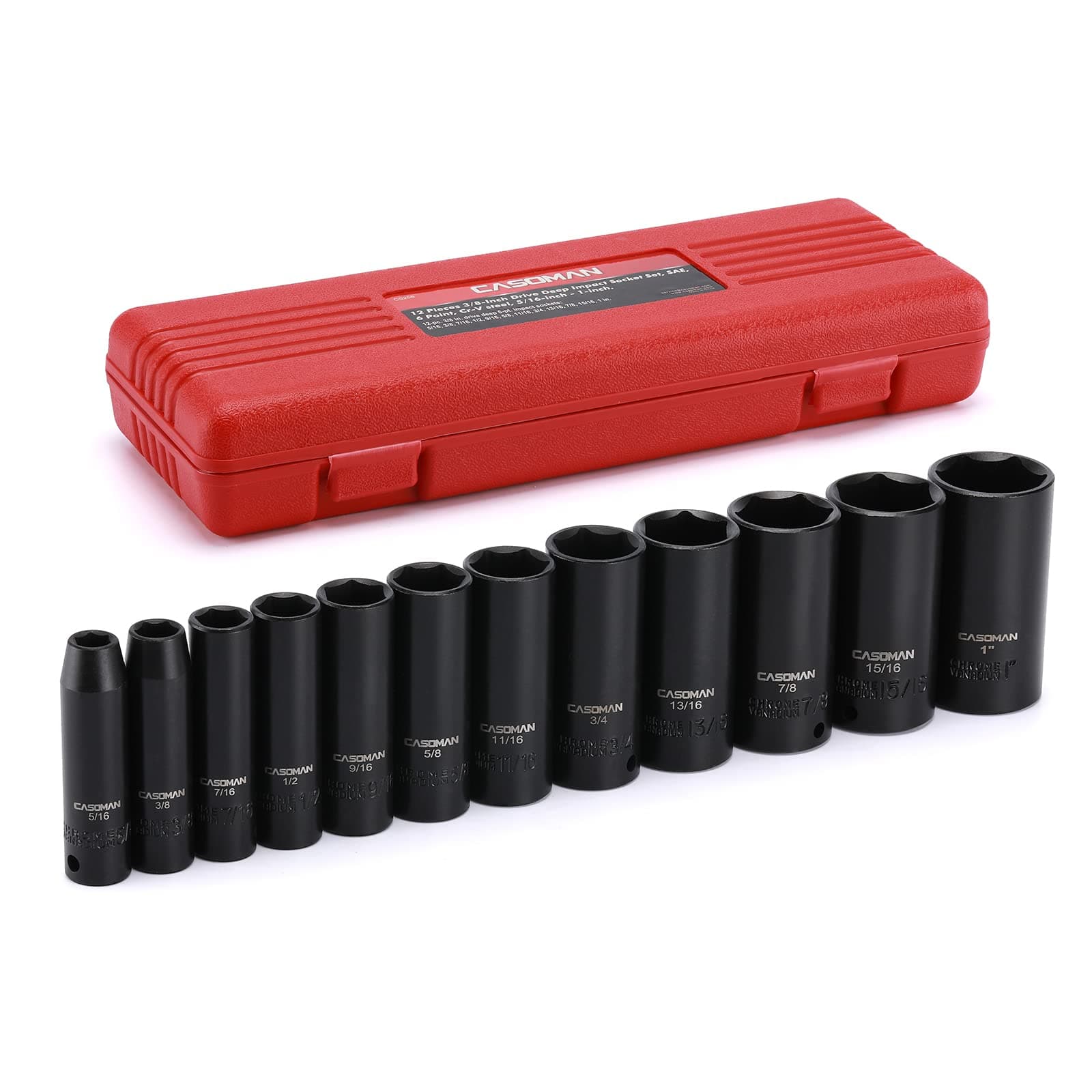 CASOMAN 12 Pieces 3/8-Inch Drive Impact Socket Set, 6-Point, SAE, Deep, CR-V, 5/16" to 1", Heavy Duty Blow Molded Storage Case