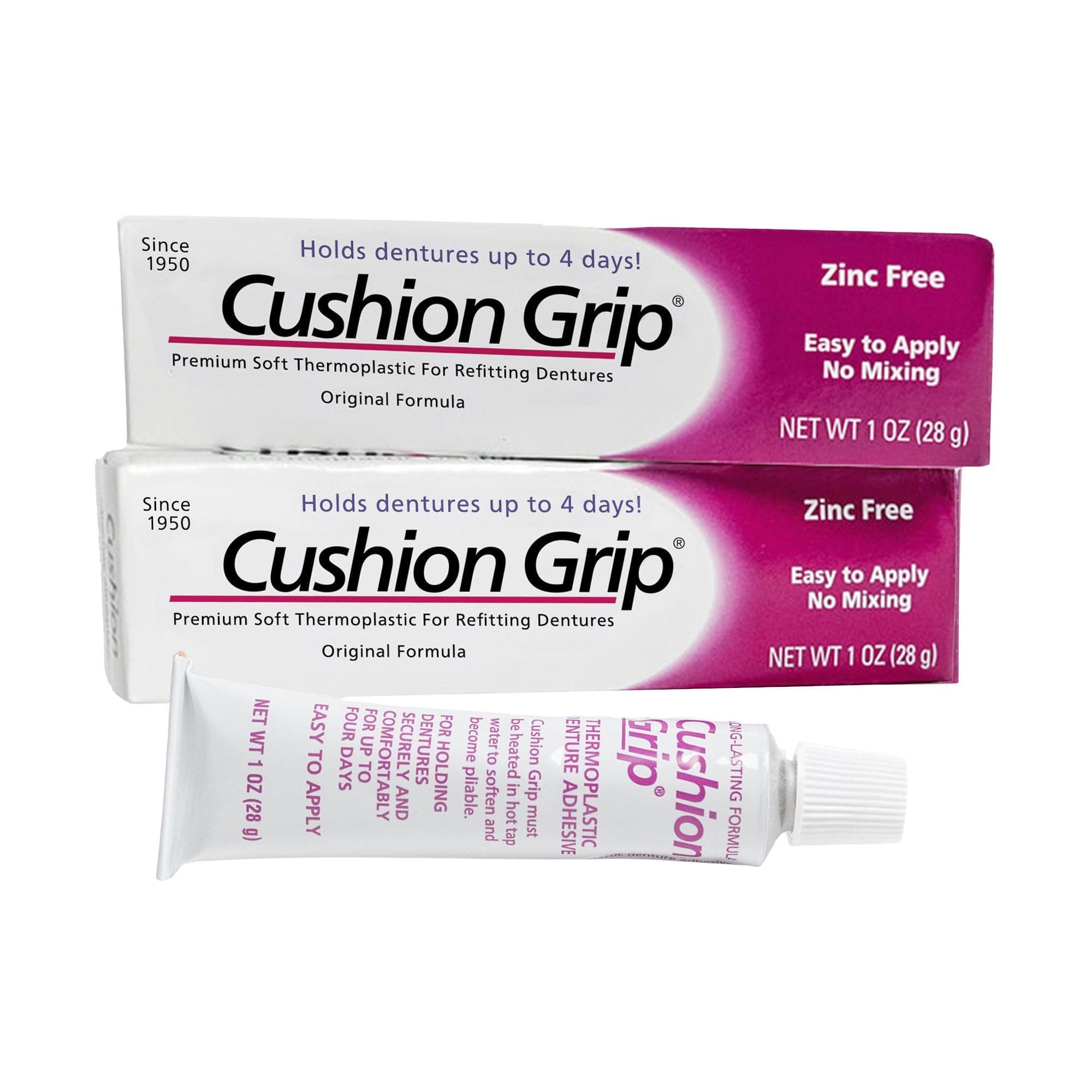 Cushion Grip Thermoplastic Denture Adhesive – Refits & Tightens Dentures, Works Like a Denture Reliner for a Long-Lasting, Secure Fit, Cushions Gums, Waterproof & Zinc-Free - 1 oz (Pack of 2)