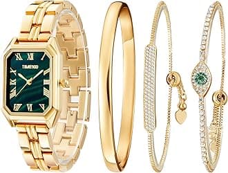 TIME100 Women's Rectangle Bracelet Watch Set Premium Crystal Accented Bangle Watch W50889L, Gold, Modern