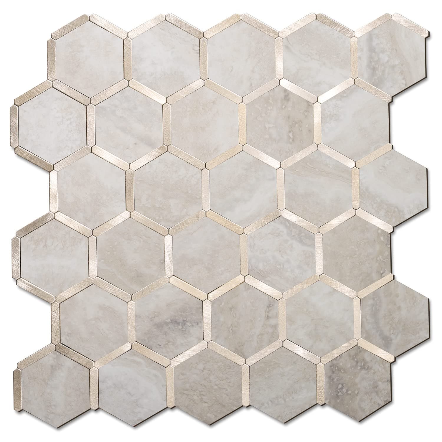 STICKGOO Hexagon Peel and Stick Backsplash Tile, Stick on Backsplash for Kitchen and Bathroom, Beige Marble Look PVC Mixed Metal Gold Self Adhesive Wall Tiles(Sample, Seamless)