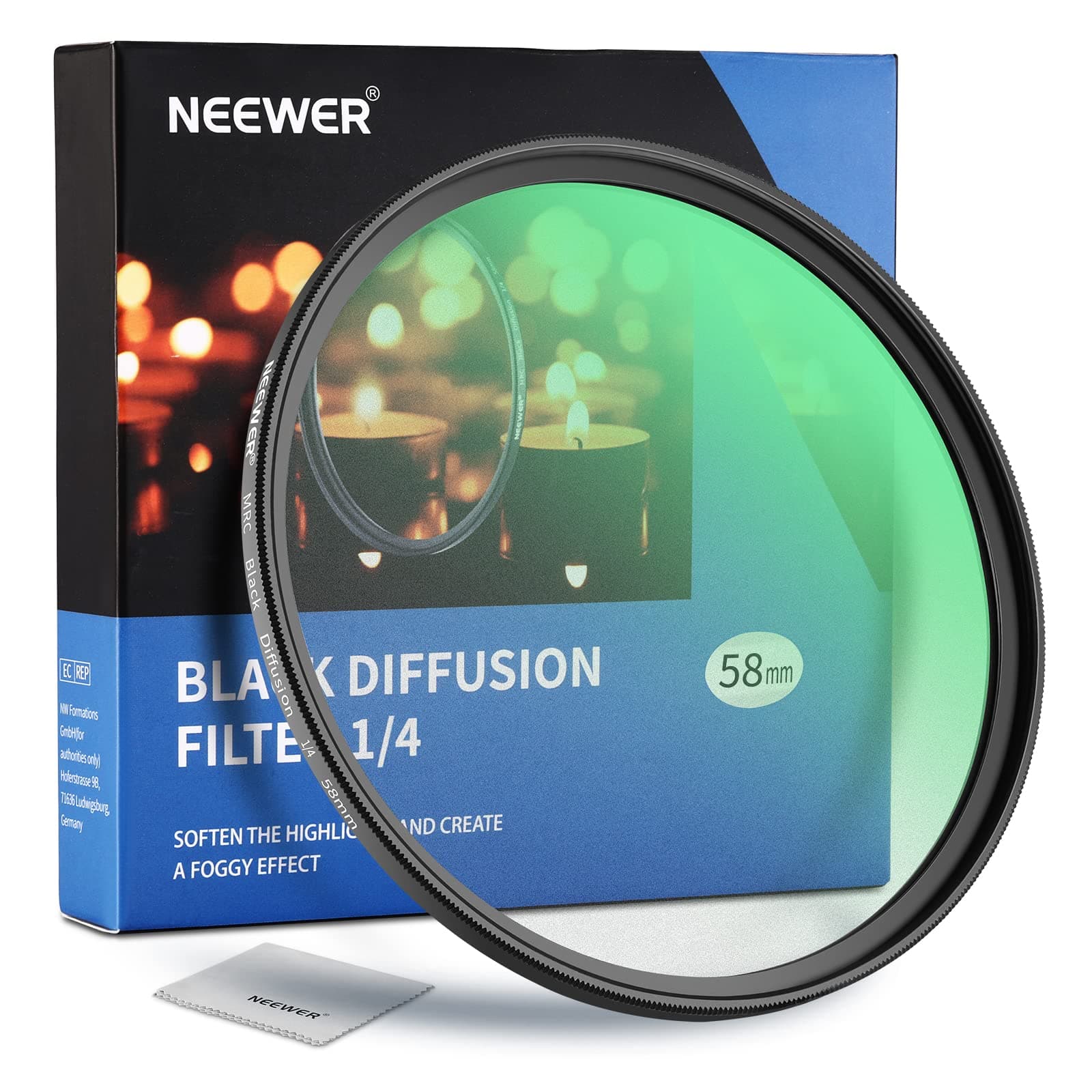 NEEWER 58mm Black Diffusion 1/4 Filter Mist Dreamy Cinematic Effect Filter Ultra Slim Water Repellent Scratch Resistant HD Optical Glass, 30 Layers Nano Coatings for Video/Vlog/Portrait Photography