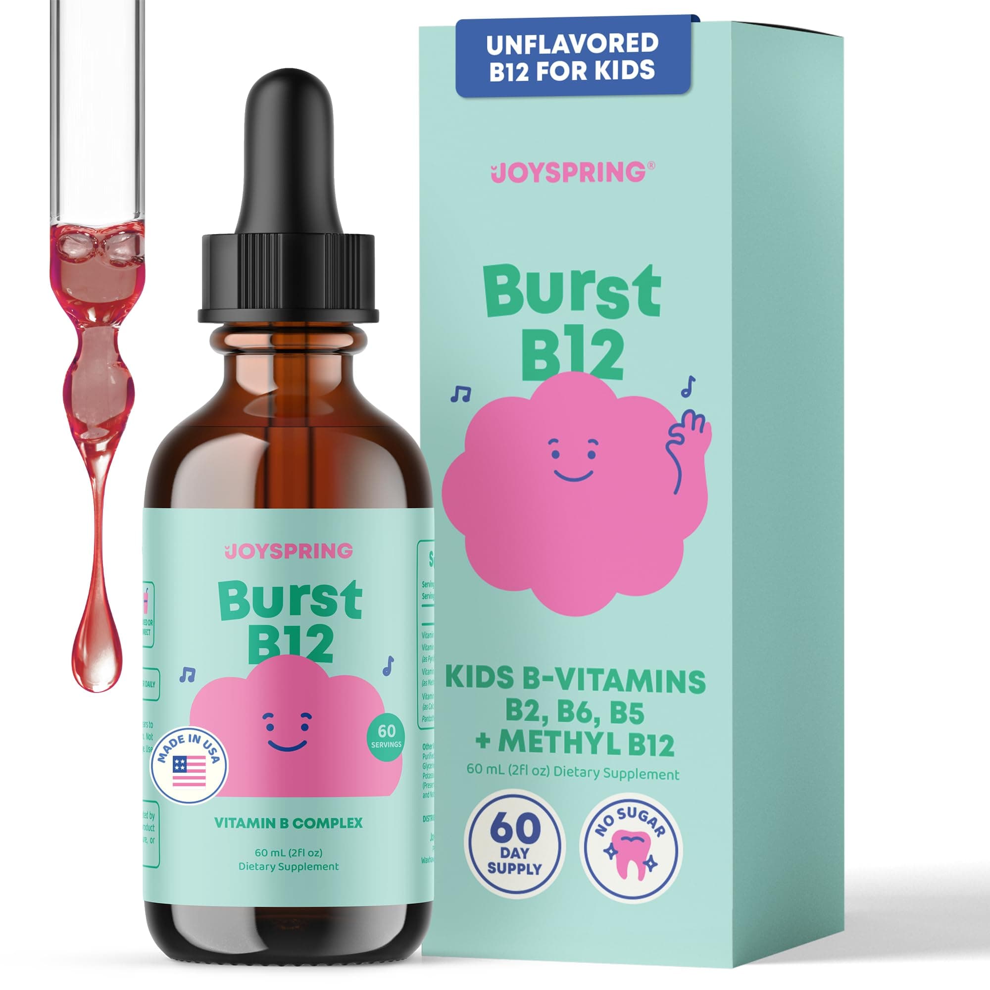 JoySpring Burst B12 Drops - Vitamin B Complex for Kids with Methyl B12 Supplement to Support Healthy Growth & Development, Vegan Liquid B12 Drops, Ages 3-16+ | 2 fl oz (60 Servings)
