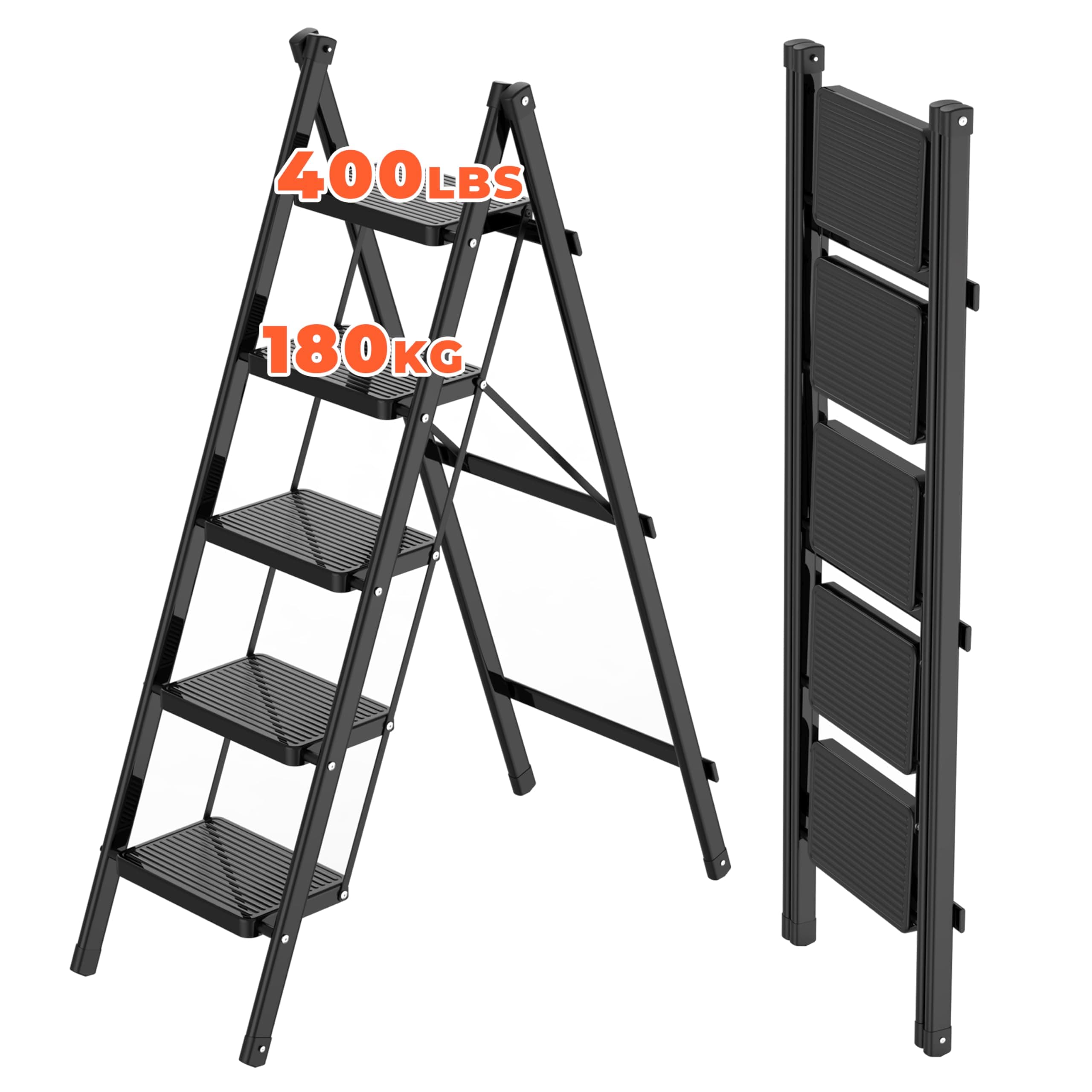 JOISCOPE5 Step Ladder, Tall Step Ladder, Folding Step Stool for Adults with Wide Anti Slip Pedal, 400 lbs Capacity Lightweight Strudy Step Ladder for Home Kitchen Office, Black