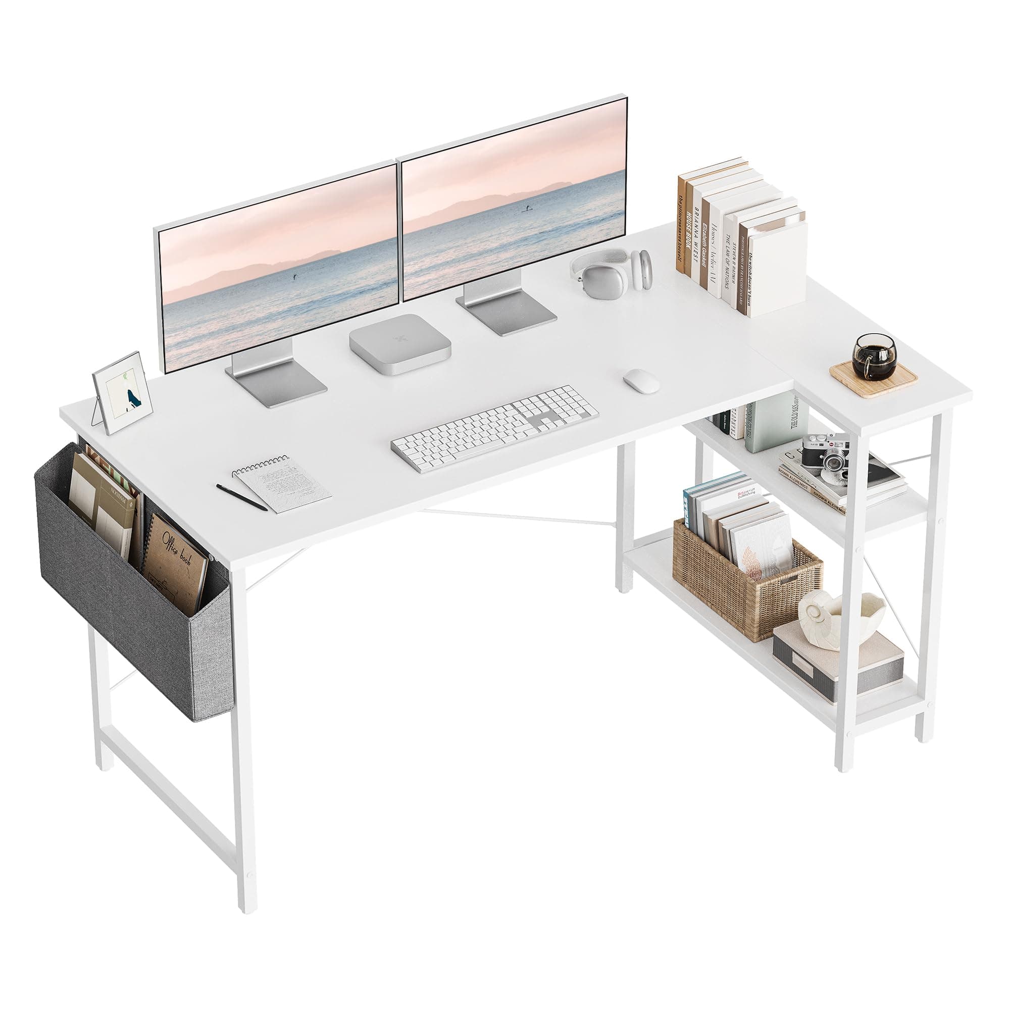 CubiCubi L-Shaped Desk, Width 47.2 inches (120 cm), Computer Desk, Desk with Rack, Right Shelf, Left Shelf, Corner Desk with Storage Bag, Study Desk, PC Desk, Space Saving, Easy Assembly, Stylish