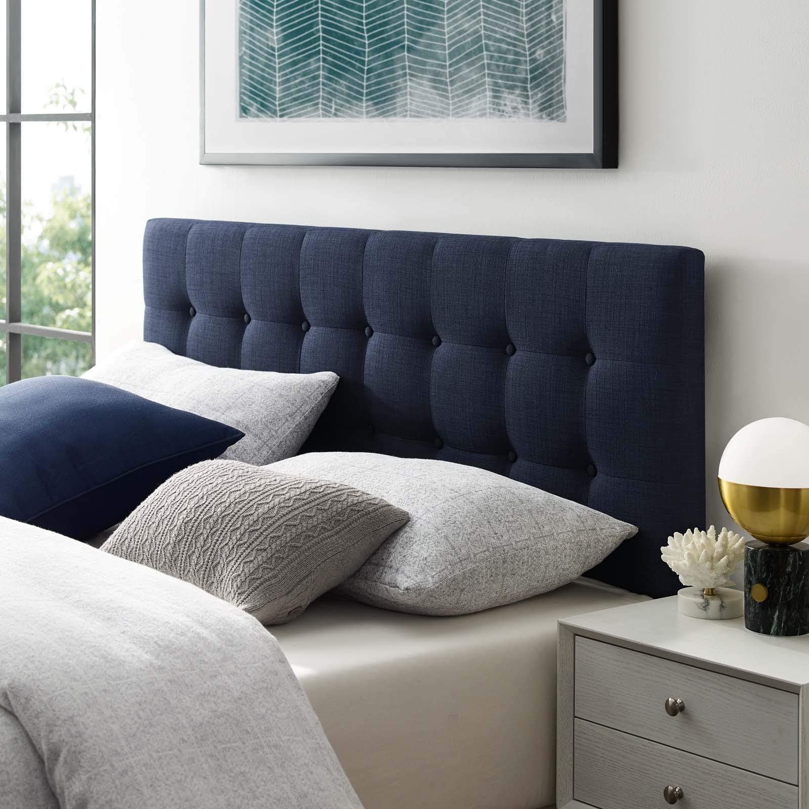 Emily Tufted Button Linen Fabric Upholstered Full Headboard in Navy