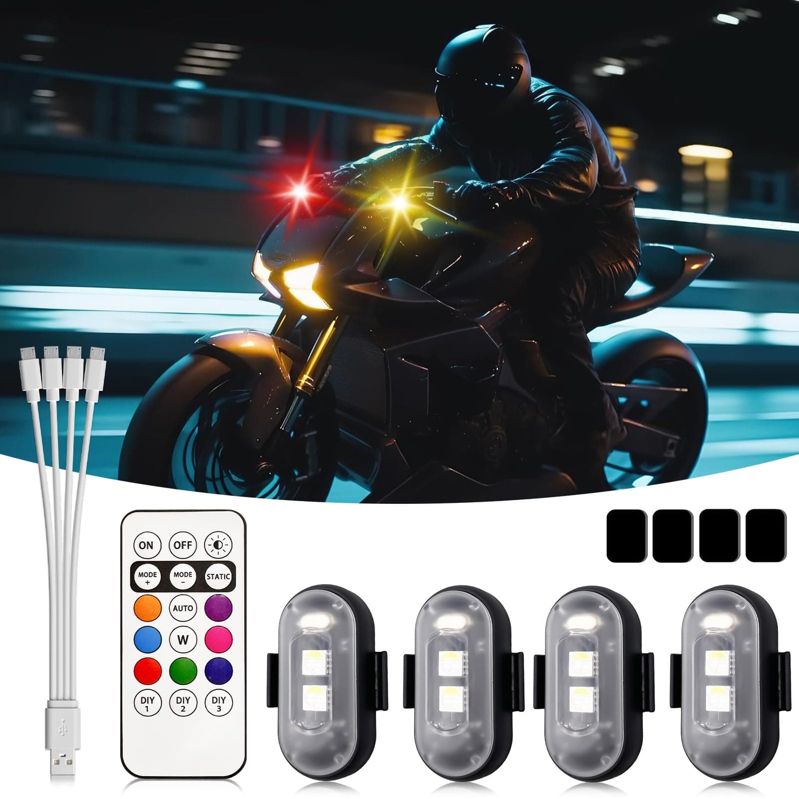 Wireless LED Lights for Car with Remote, Anti-Collision Light USB Charging High Brightness Led Lights Warning Lights for Cars Drone Aircraft Motorcycle Bike Halloween Decoration(4 Pcs)