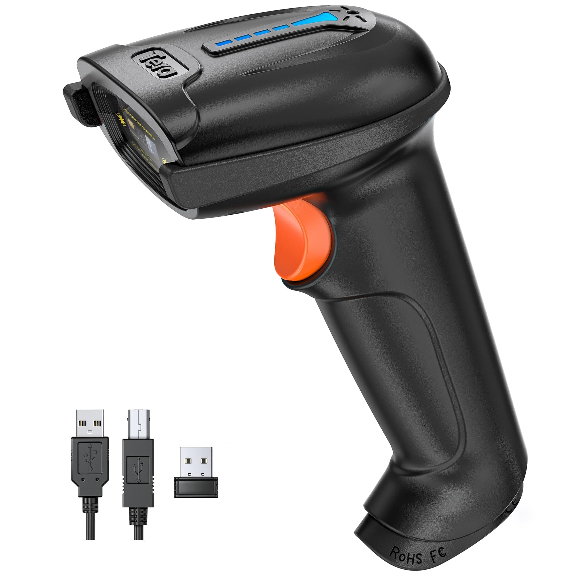 Tera Barcode Scanner Wireless Versatile 2-in-1 (2.4Ghz Wireless+USB 2.0 Wired) with Battery Level Indicator, 328 Feet Transmission Distance Rechargeable 1D Laser Bar Code Reader USB Handheld (Black)