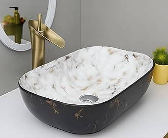 SEA SHORE Modern Black & White Gold Ceramic Table Top Sink – Slim Rim Over Counter Wash Basin (18 x 13 x 5.5 Inch)