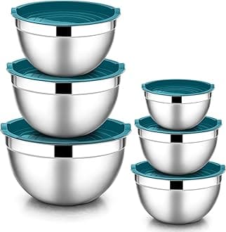 E-far Mixing Bowls with Lids, 12-Piece Stainless Steel Salad Bowls Metal Nesting Bowls for Baking Cooking and Prepping, Airtight Lids & Stackable Design, Size 7, 4.5, 3, 1.5, 1.2, 0.7 QT (Blue)