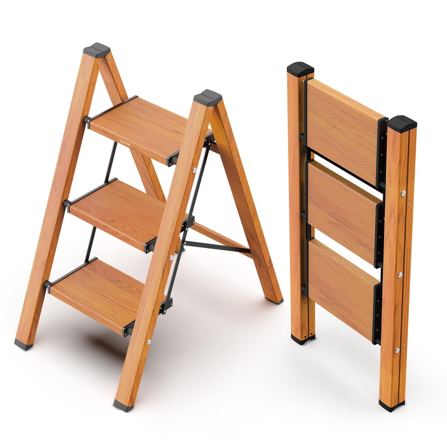 WOA WOA 3 Step Ladder, Foldable Step Stool, Aluminum Lightweight Ladder for Home Kitchen Closet, Anti-Slip Pedals, Ease of Folding, Portable, 300lbs Capacity - Wood Grain