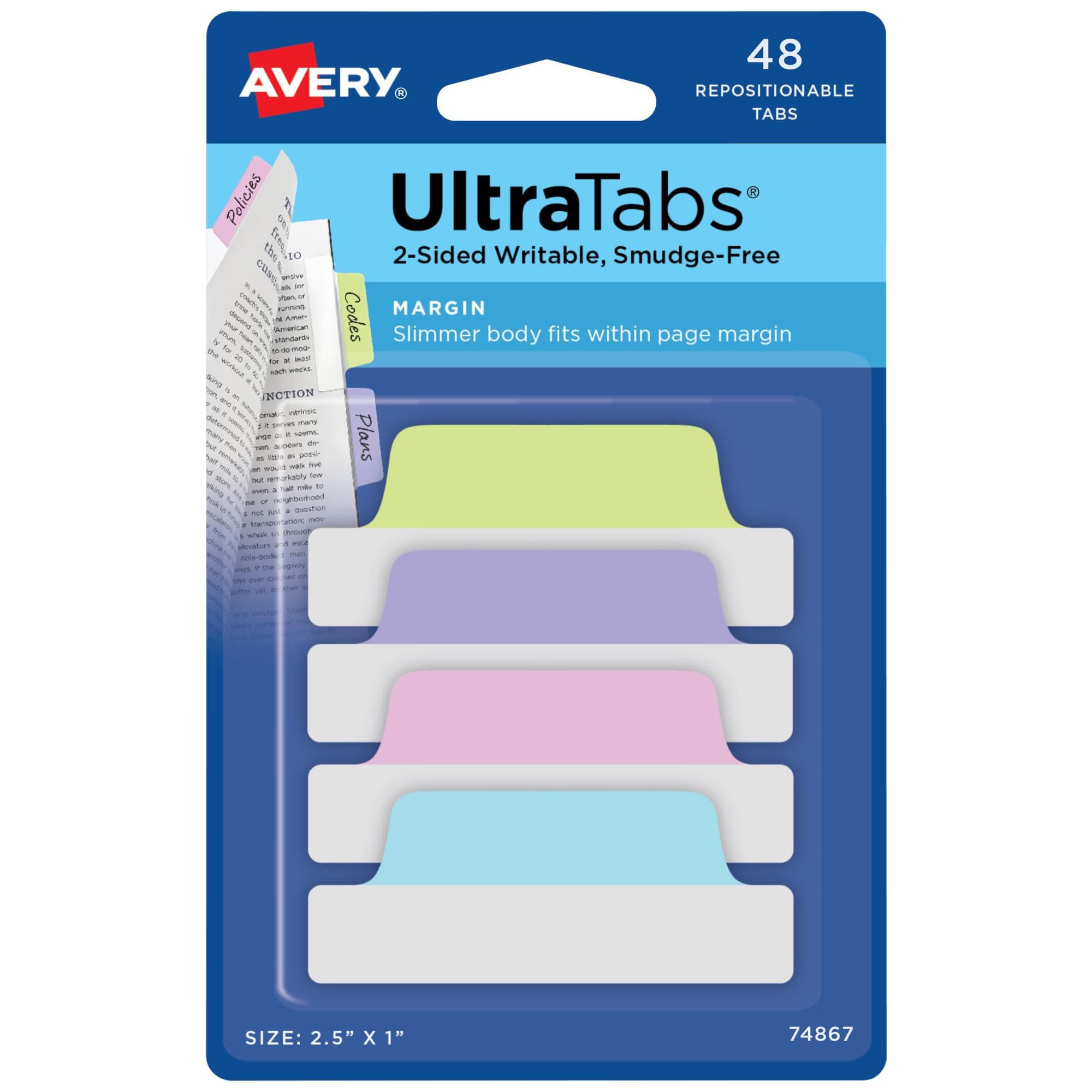 Margin Ultra Tabs, 2.5" x 1", 2-Side Writable, Assorted Pastel Colors, 48 Repositionable Tabs (74867)