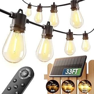 33FT (27+6) Solar String Lights for Outside Outdoor Waterproof with USB Port & Remote Control Solar Patio Lights Last for 20+Hrs Dimmable Solar Power LED Bulbs Hanging for Porch Garden Bistro