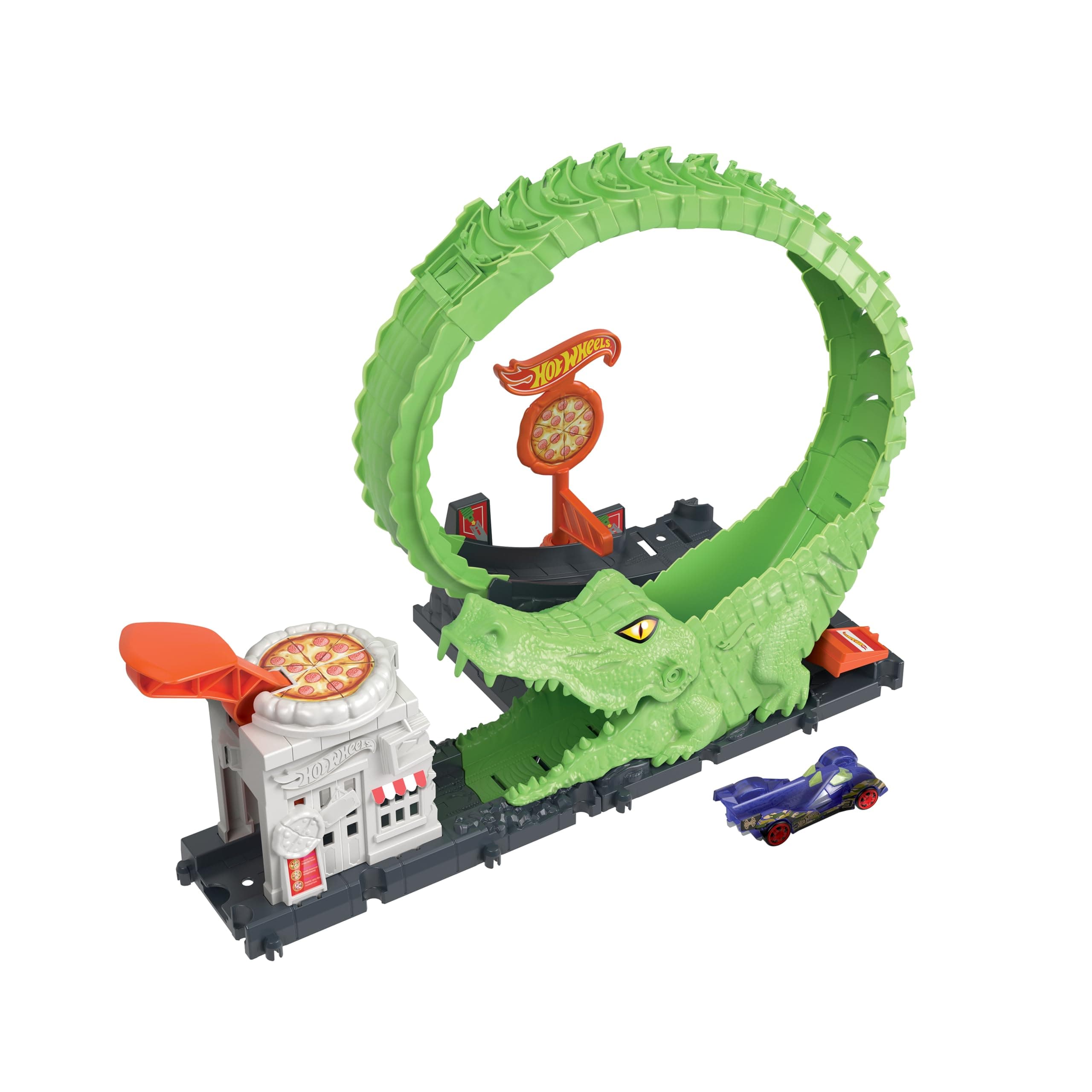 Track Set with 1 Hot Wheels Car, Adjustable Track that Connects to Other Sets, Gator Loop Pizza Place Playset​, HKX39