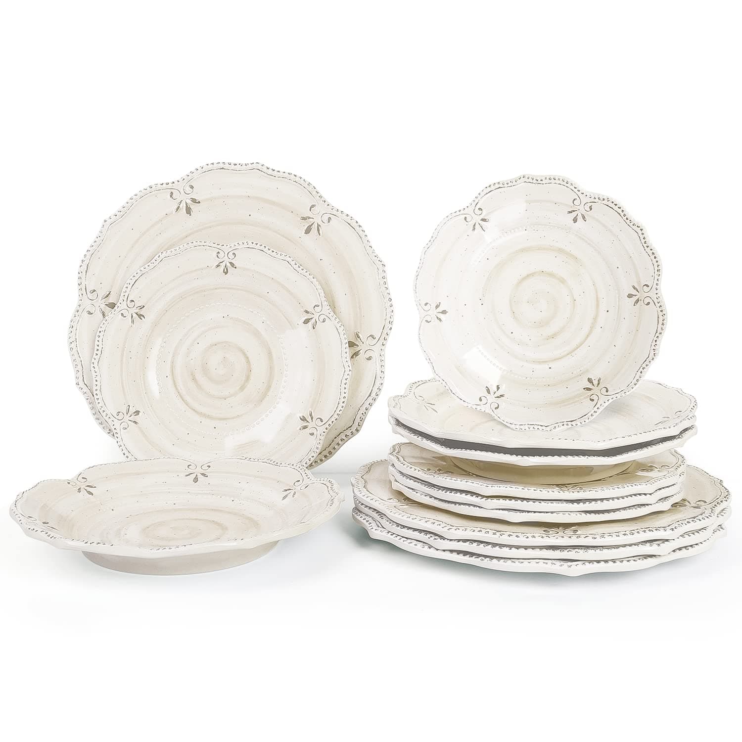 Dinnerware Sets 12 pcs Plates and Bowls Sets Melamine Plates Indoor and Outdoor use French Court Style Dish Set Plate Set for 4 Dishwasher Safe（White）