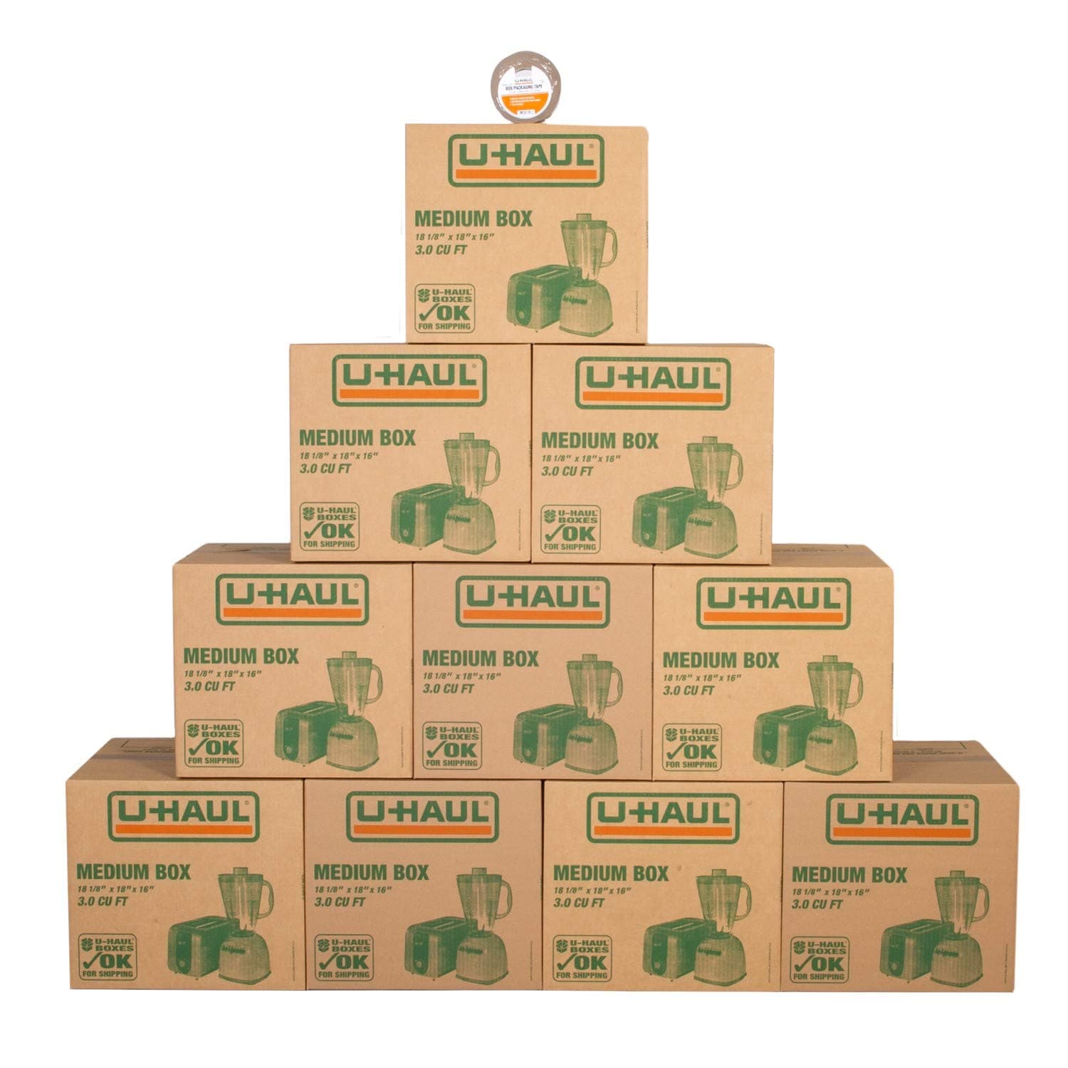 Medium Moving Boxes - Pack of 10 Boxes with Handles - 18” x 18 1/8” x 16”- Bonus Roll of Tape Included
