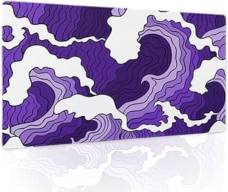 Japanese Purple White Wave Gaming Mouse Pad XL Cartoon Sea Texture Extended Large Desk Cover Big Table Mat Non-Slip Rubber Base Stitched Edge Long Keyboard Playmat Office,24x14 in,60x35cm