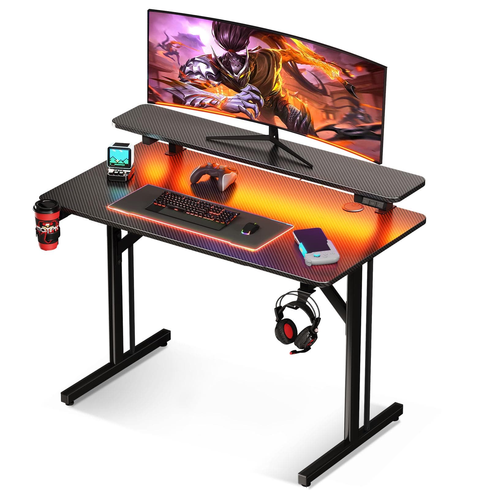 MOTPK 32 Inch Small Gaming Desk with LED Lights, Computer Desk Gaming Table with Monitor Shelf, Gamer Desk with Carbon Fiber Texture, Kids Boys Desk Gift for Men