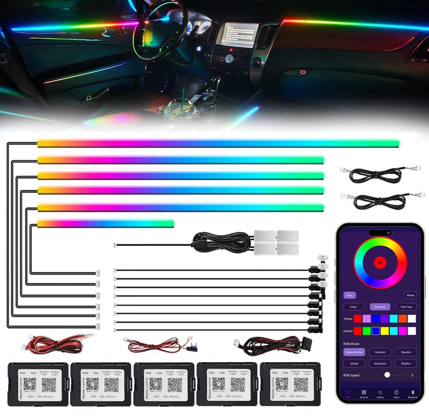 Acrylic Interior Car LED Strip Light with Wireless APP, RGB 18 in 1 with 175 inches 593 LEDs Fiber Optic Ambient Lighting Kits, 16 Million Colors Sound Active Function Car Neon Lights