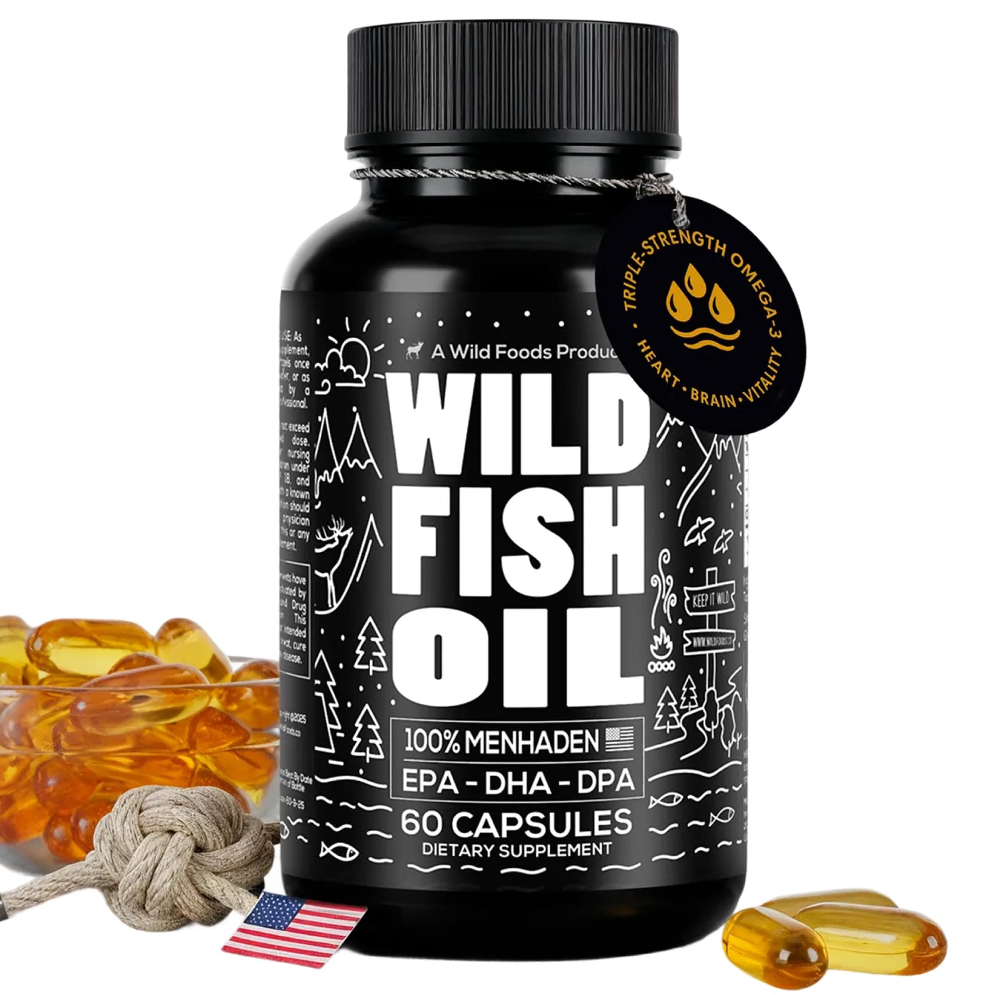Wild Foods Fish Oil Omega 3 Supplements | 1600 mg | Highly-Potent: DPA, DHA, EPA | Burpless, Odorless, Non-GMO, Gluten Free | For Brain & Heart Health, Joint Support | 60 Capsules (1 pk) | 30 Servings