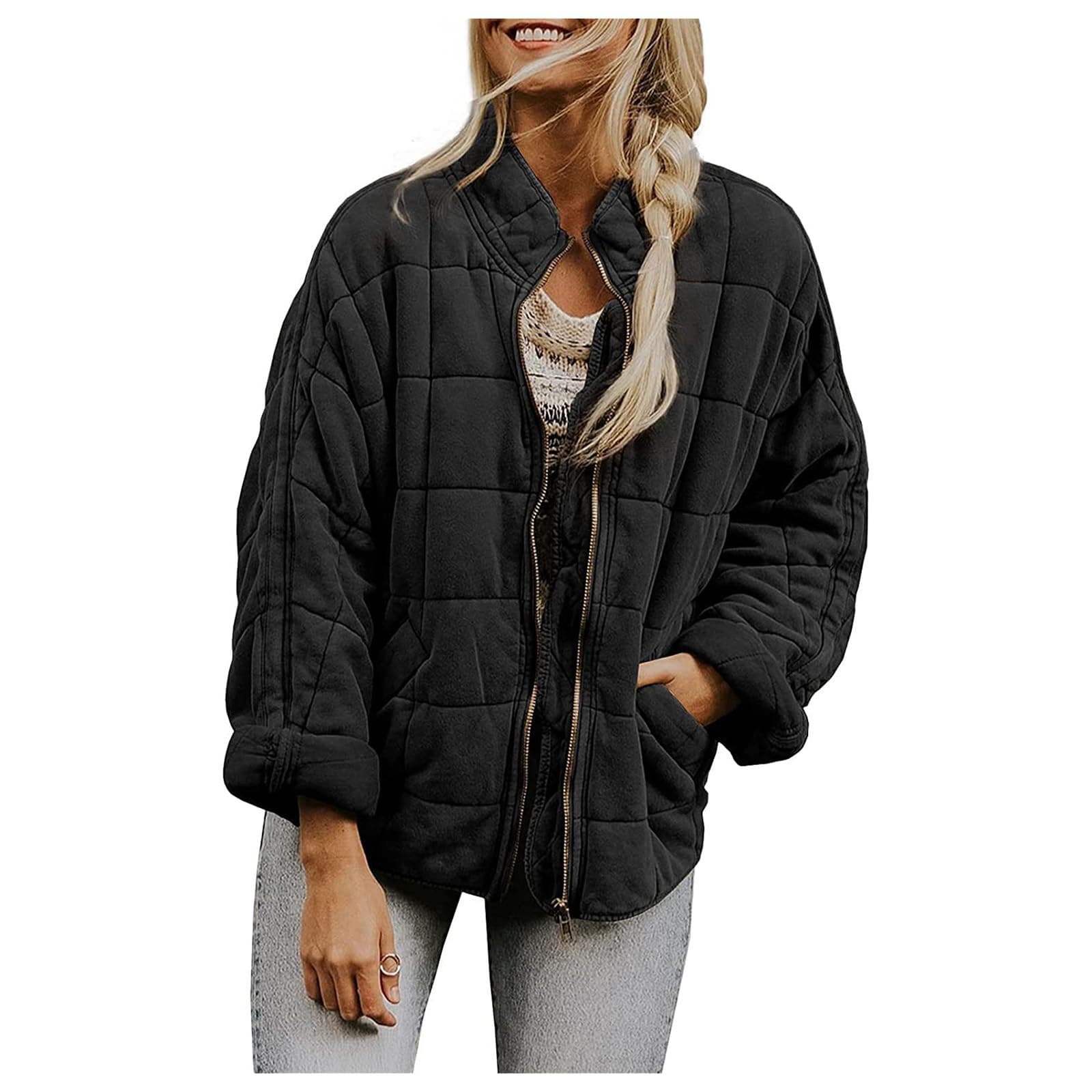 uSeceeSale Womens Dolman Lightweight Quilted Jackets Long Sleeve Solid Color Coat Winter Warm Padded Down Warm Puffer Coat Stand Neck Drop Shoulder with Pockets Fashion Outwear
