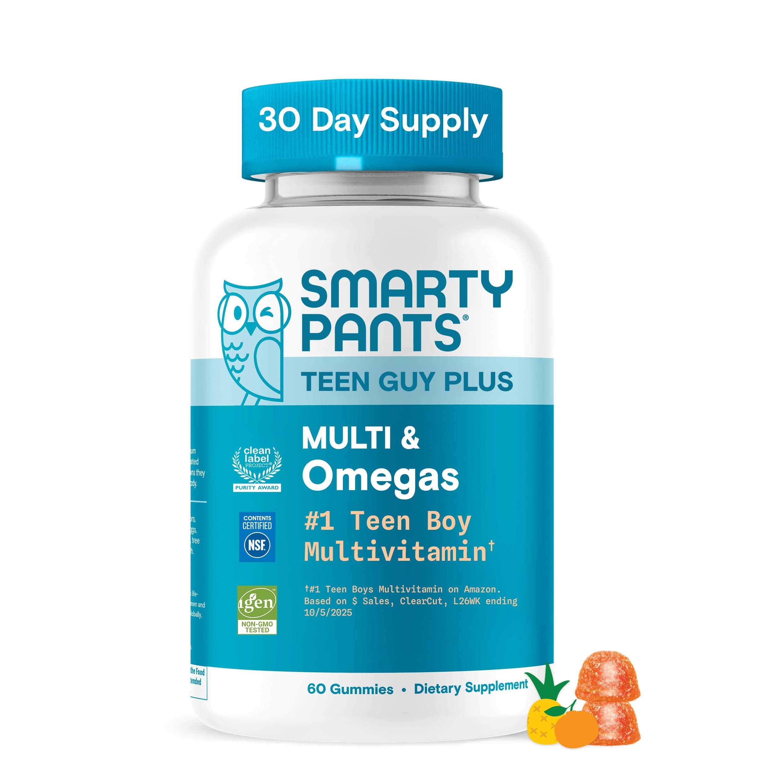 Teen Guy Plus Multi & Omegas Multivitamin Gummies with Omega 3 DHA/EPA, Vitamins D3, C, B12, B6, A, K, Zinc, Folate, Gluten Free, Clean Label, Pineapple Orange, 60 Gummies (30 Day Supply)