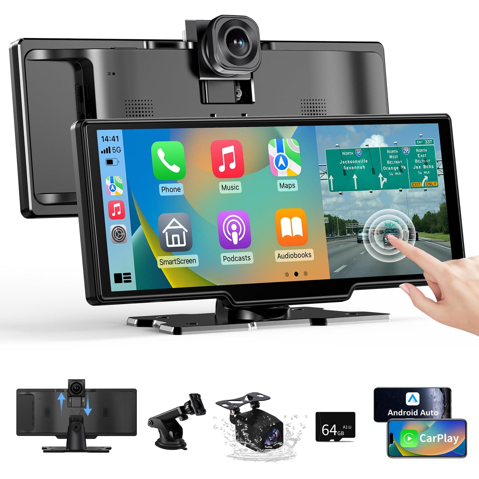 10.26" Wireless CarPlay Android Auto, Car Play Screen Car Tablet with 4K Front Camera and 1080P Rear Camera, Android Auto Carplay Screen for Car IPS Touchscreen with Bluetooth 64G SD Mirror Link AUX