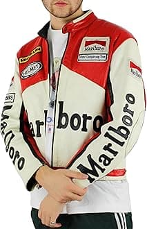 X-ception Men's Classic Cafe Racer Real Leather Red And White Racing Bomber Motorcycle Biker Jacket