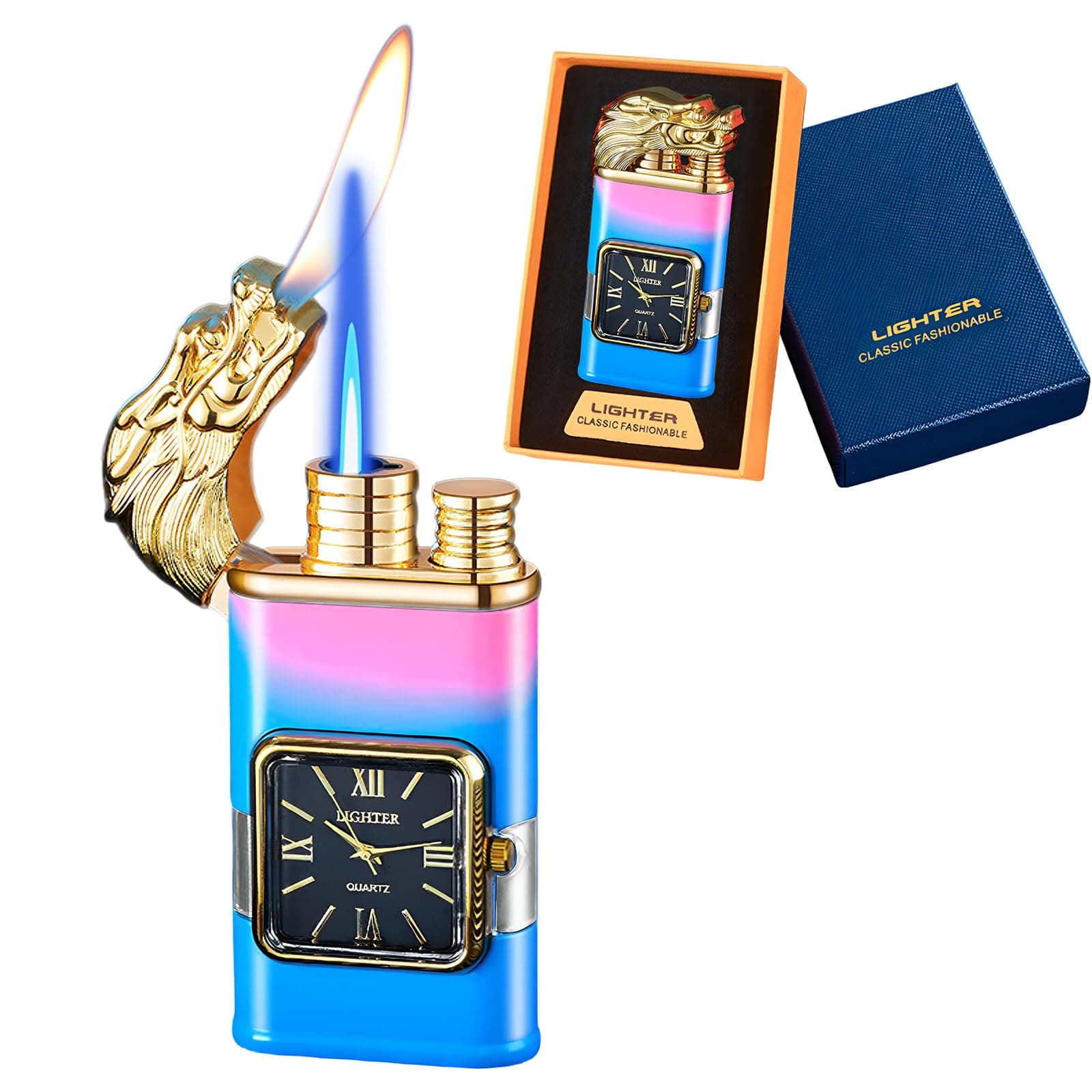 Torch Lighter, Magic Dual Flame Lighter with Cool Design, Windproof Lighter with Visible Fuel Tank, Adjustable Flame Refillable Butane Lighter for Men Women Friends Gifts (Without Butane)- Gradient-d