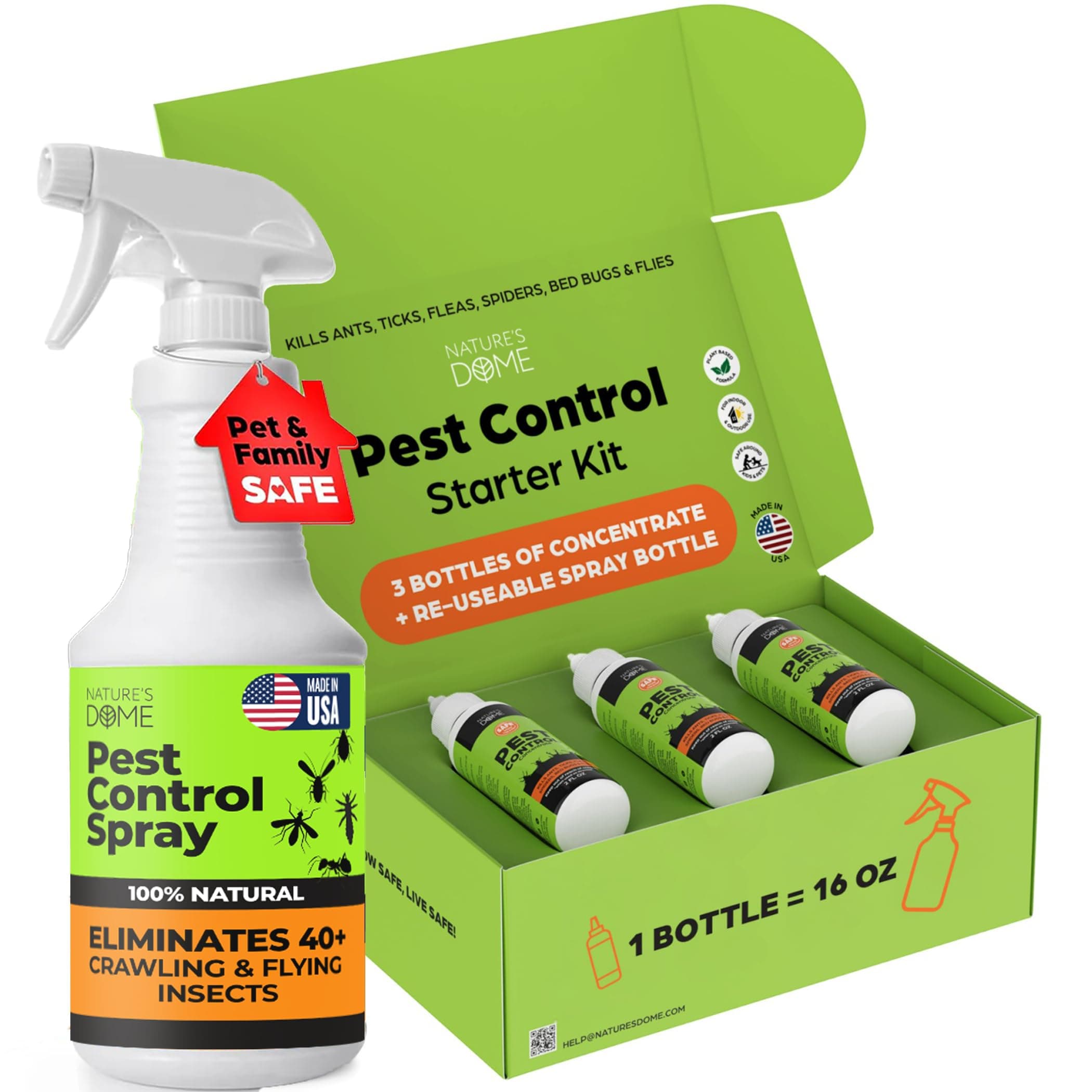 Pest Killer Starter Kit, Makes 48 Oz (3 Concentrate Vials + 1 Reusable Sprayer) Plant-Based Ant, Roach, Spider & Fly Killer Spray | Indoor/Outdoor, Child & Pet Safe Essential Oil Formula