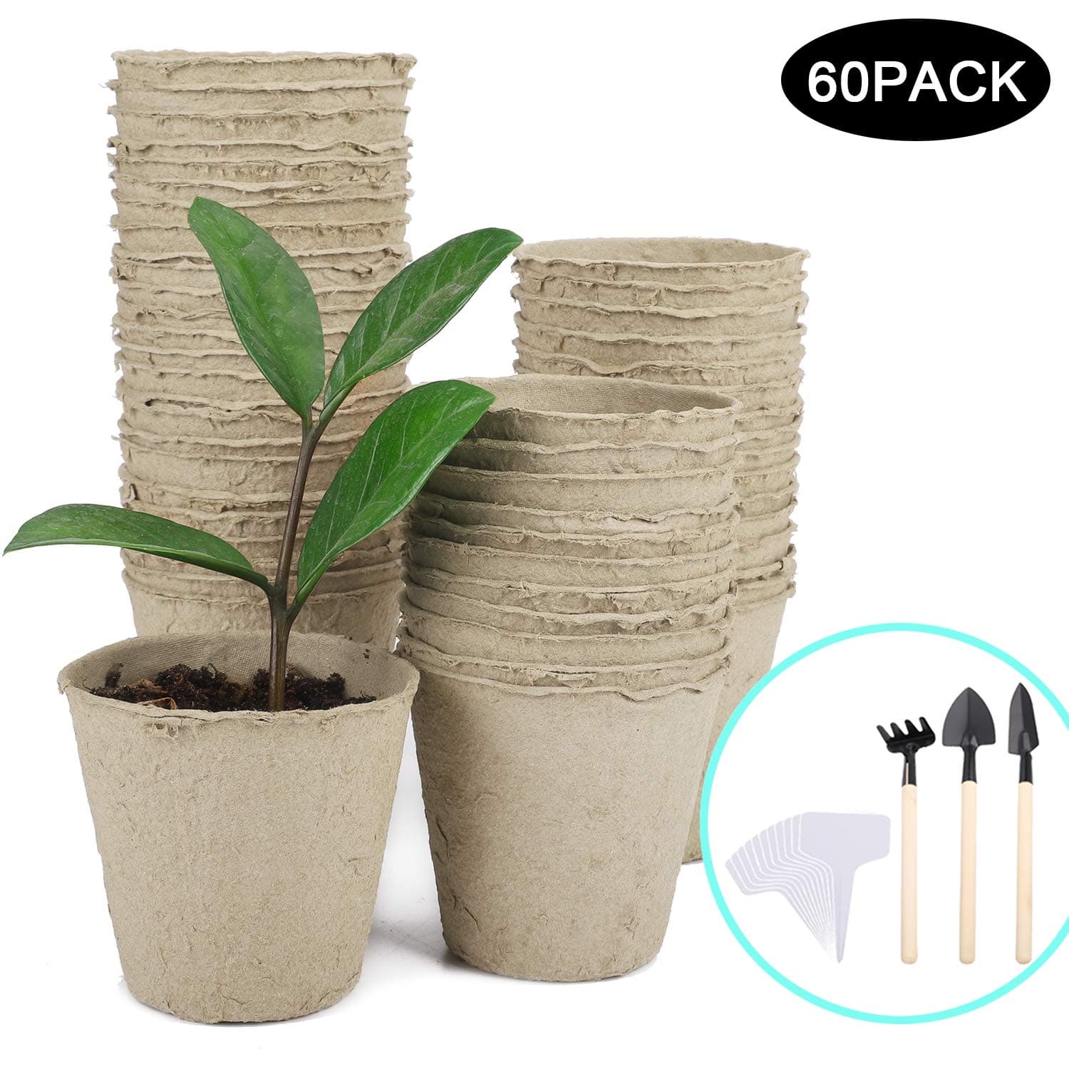 3 inch Peat Pots Plant Starter | 60 Pack Seed Starter Kit | Seeding Starter for Garden Nursery Pots| Bonus 30 Pack Plant Markers and 3 Pack Mini Gardening Tool