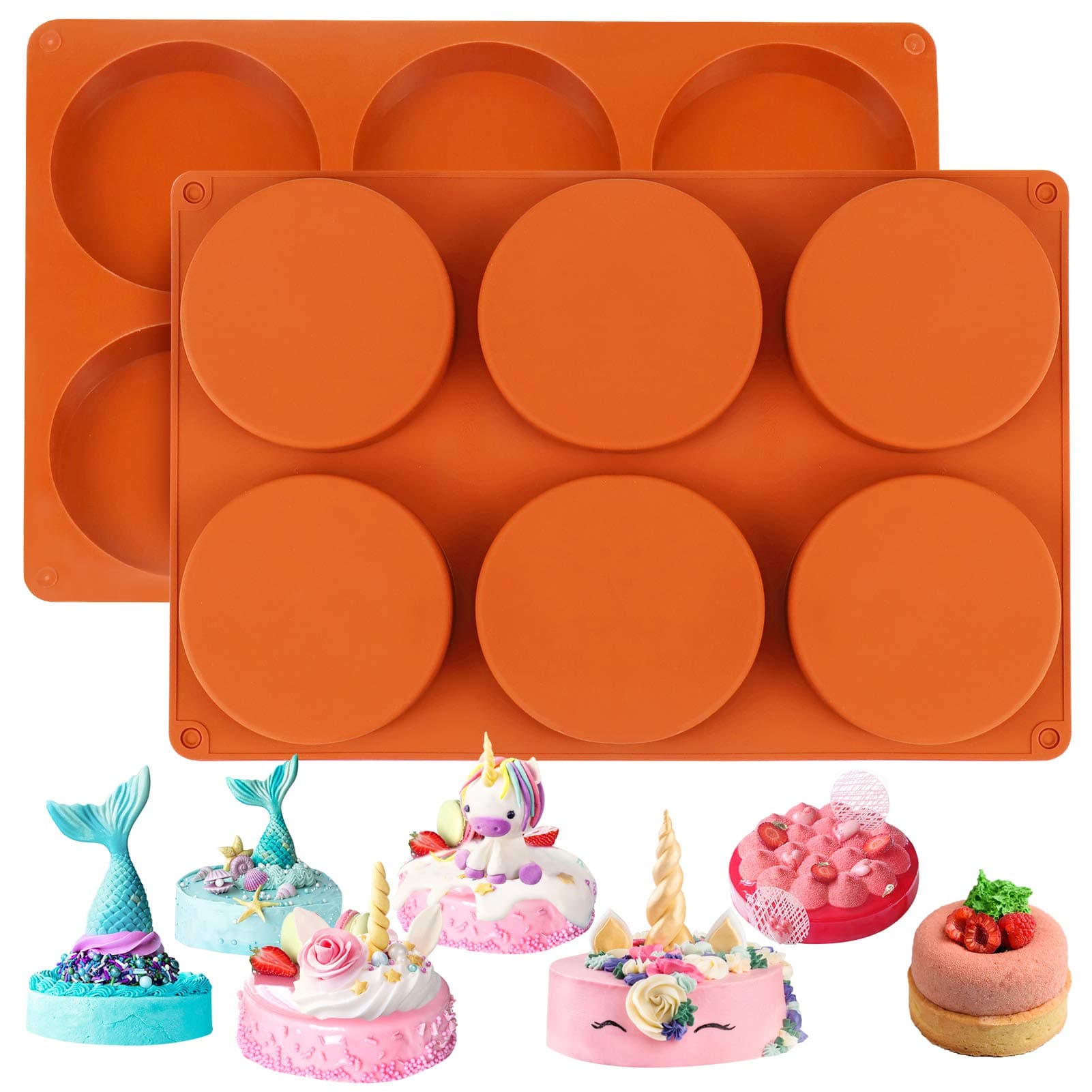 Palksky Silicone Molds for Baking (2 Pack)6-Cavity Large Round Disc Mold/English Muffins Pan/Resin Coaster Mold Non-Stick for Hamburger Chocolate Cake Pie Custard Tart Whoopie Pie Egg Pan