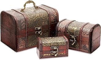 Juvale Wooden Treasure Chest Set - 3 Nesting Boxes, Brown Floral - Decorative Storage & Jewelry Box with Hinged Lid, Vintage Antique Decor