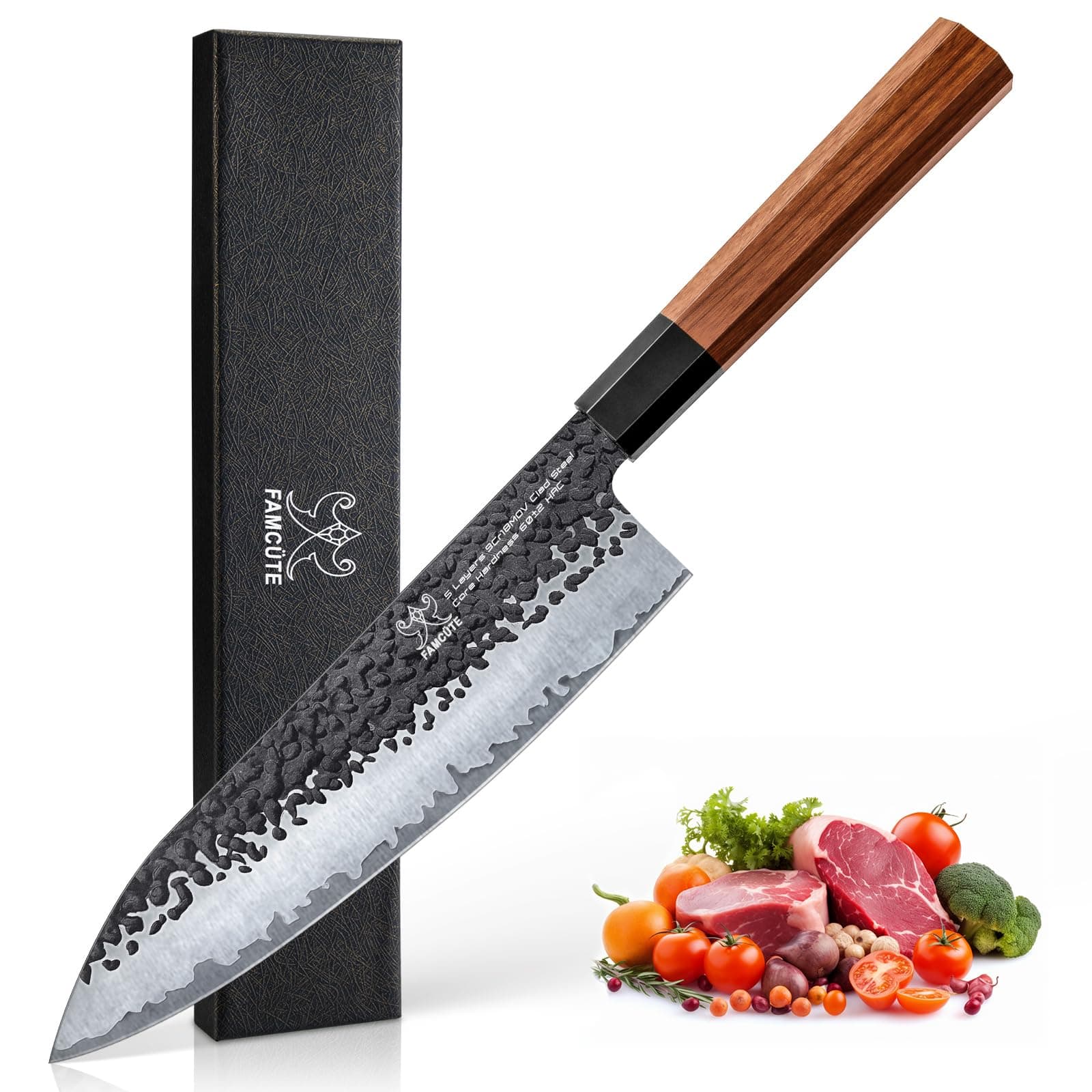 FAMCÜTE 8 Inch Japanese Knife, Hand Forged 5 Layers High Carbon 9CR18MOV Steel Rosewood Handle Chef Knife, Ultra Sharp Durable Professional Kitchen Knife, A Thoughtful Mothers Day Gifts for Mom