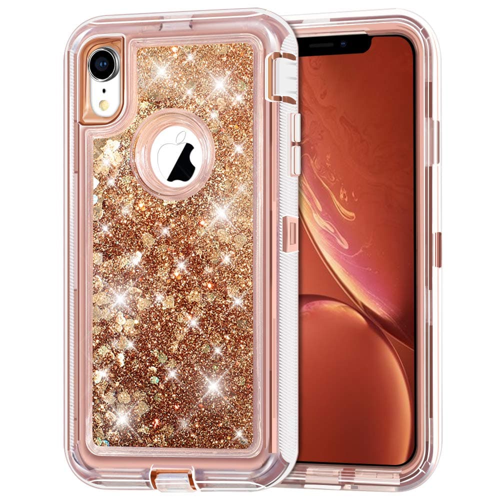 Anuck Case for iPhone XR Case (6.1 inch), 3 in 1 Hybrid Heavy Duty Defender Armor Case Sparkly Floating Liquid Glitter Protective Hard Shell Shockproof Anti-Slip TPU Bumper Cover - Rose Gold